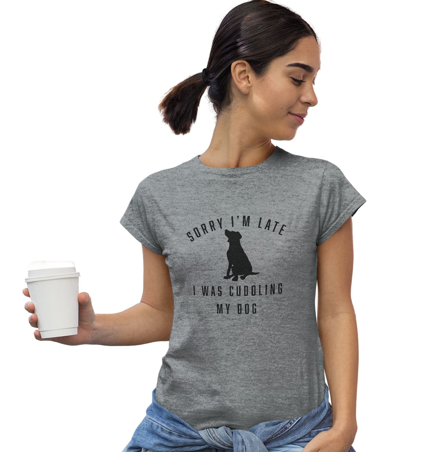 Sorry I'm Late Dog Cuddling Labrador Silhouette - Women's Fitted T-Shirt