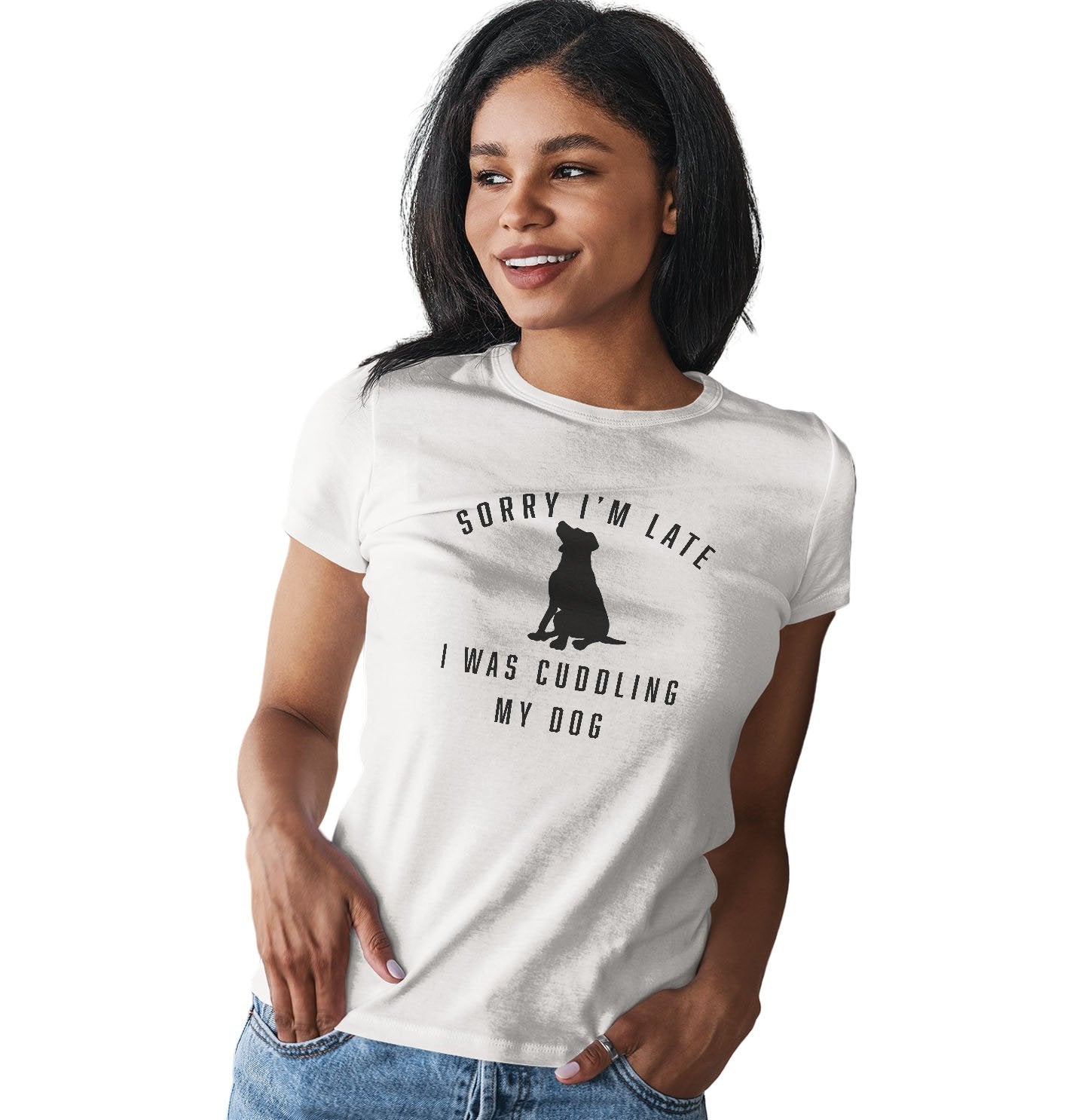 Animal Pride - Sorry I'm Late Dog Cuddling Labrador Silhouette - Women's Fitted T-Shirt