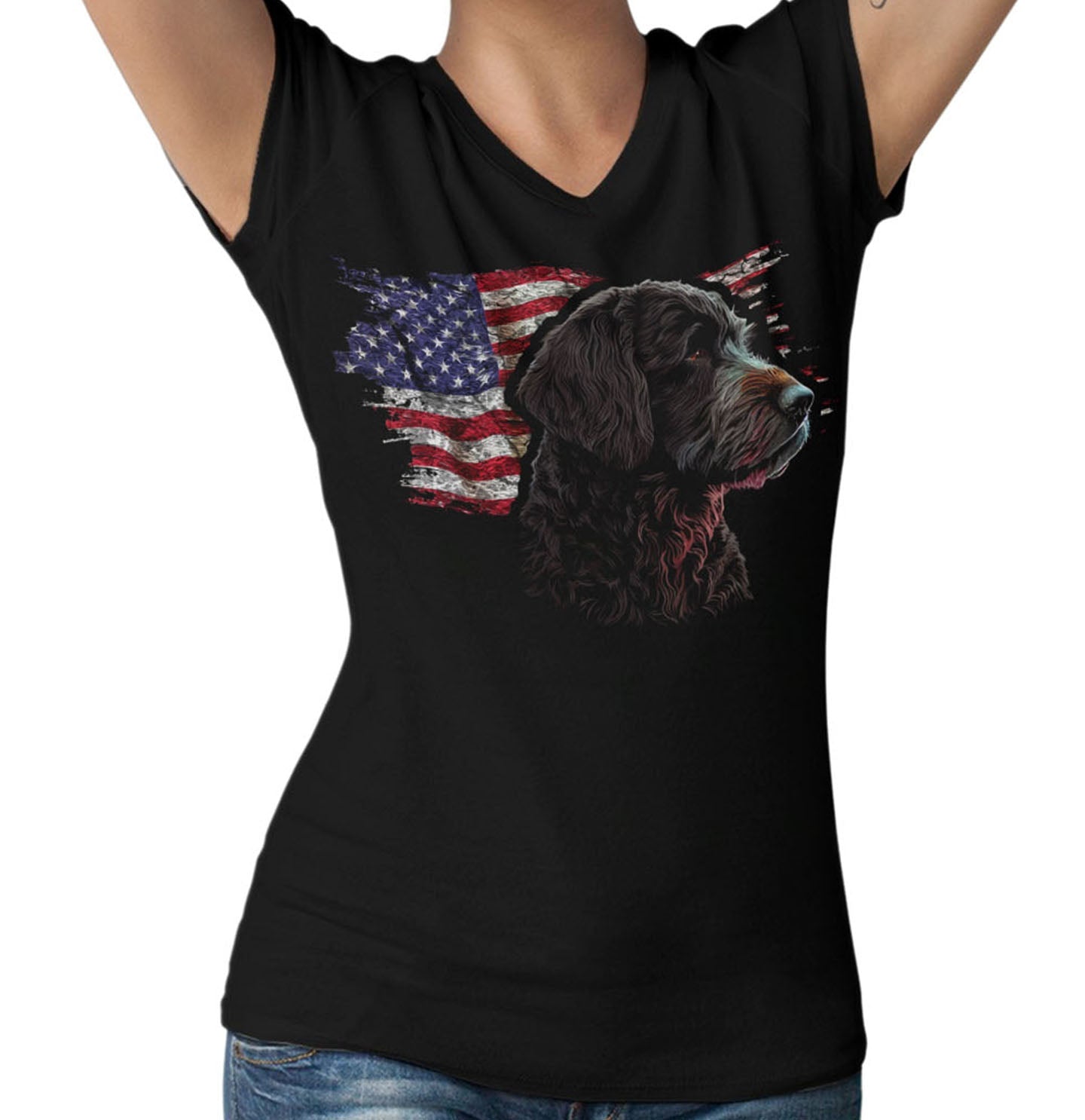 Patriotic Spanish Water Dog American Flag - Women's V-Neck T-Shirt