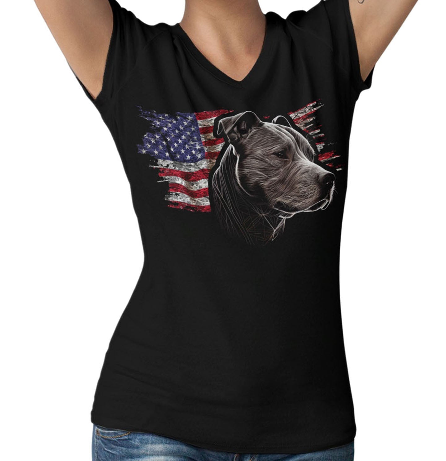 Patriotic Staffordshire Bull Terrier American Flag - Women's V-Neck T-Shirt