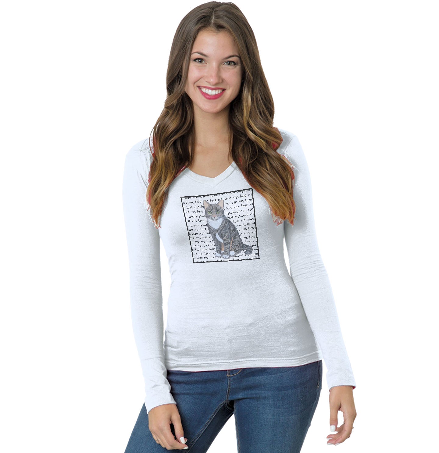 Tabby Love Text - Women's V-Neck Long Sleeve T-Shirt