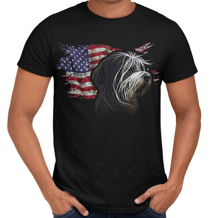Patriotic Tibetan Terrier American Flag - Adult Unisex T-Shirt