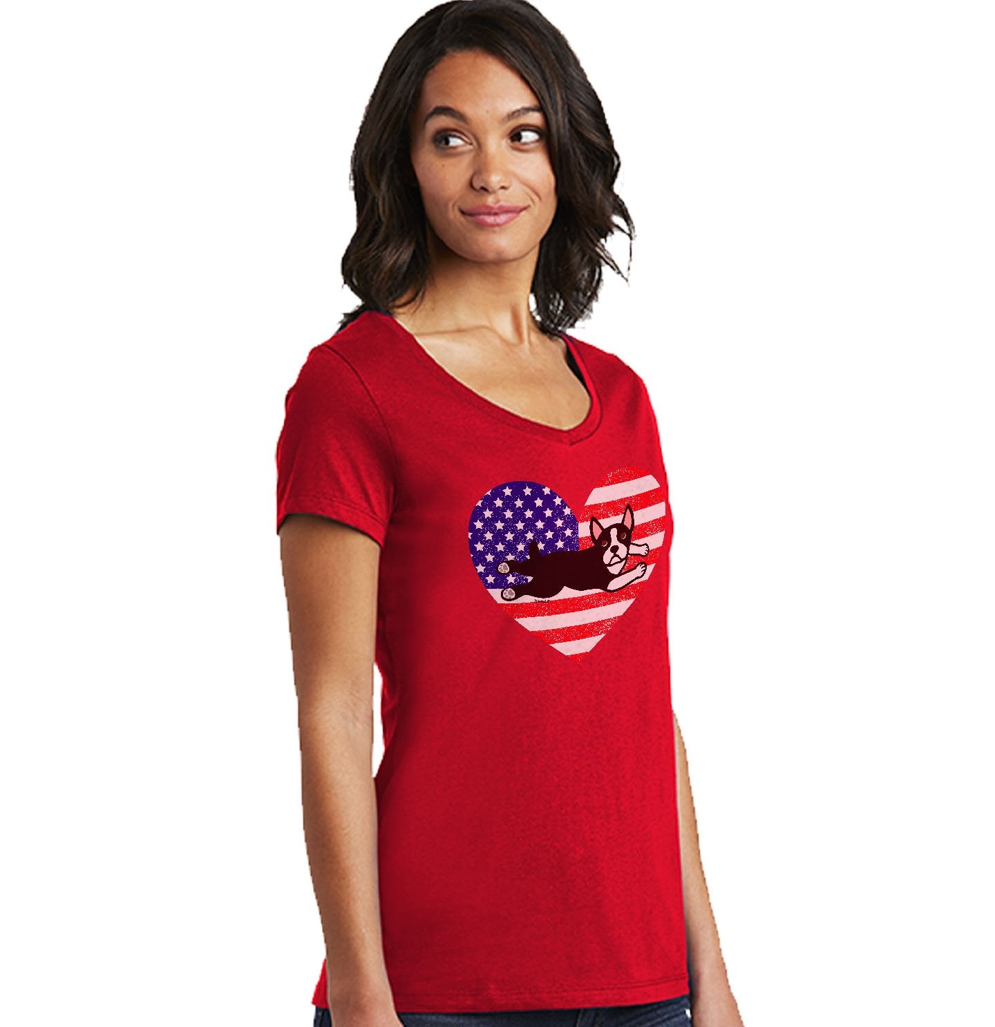 USA Flag Boston Terrier Puppy - Women's V-Neck T-Shirt