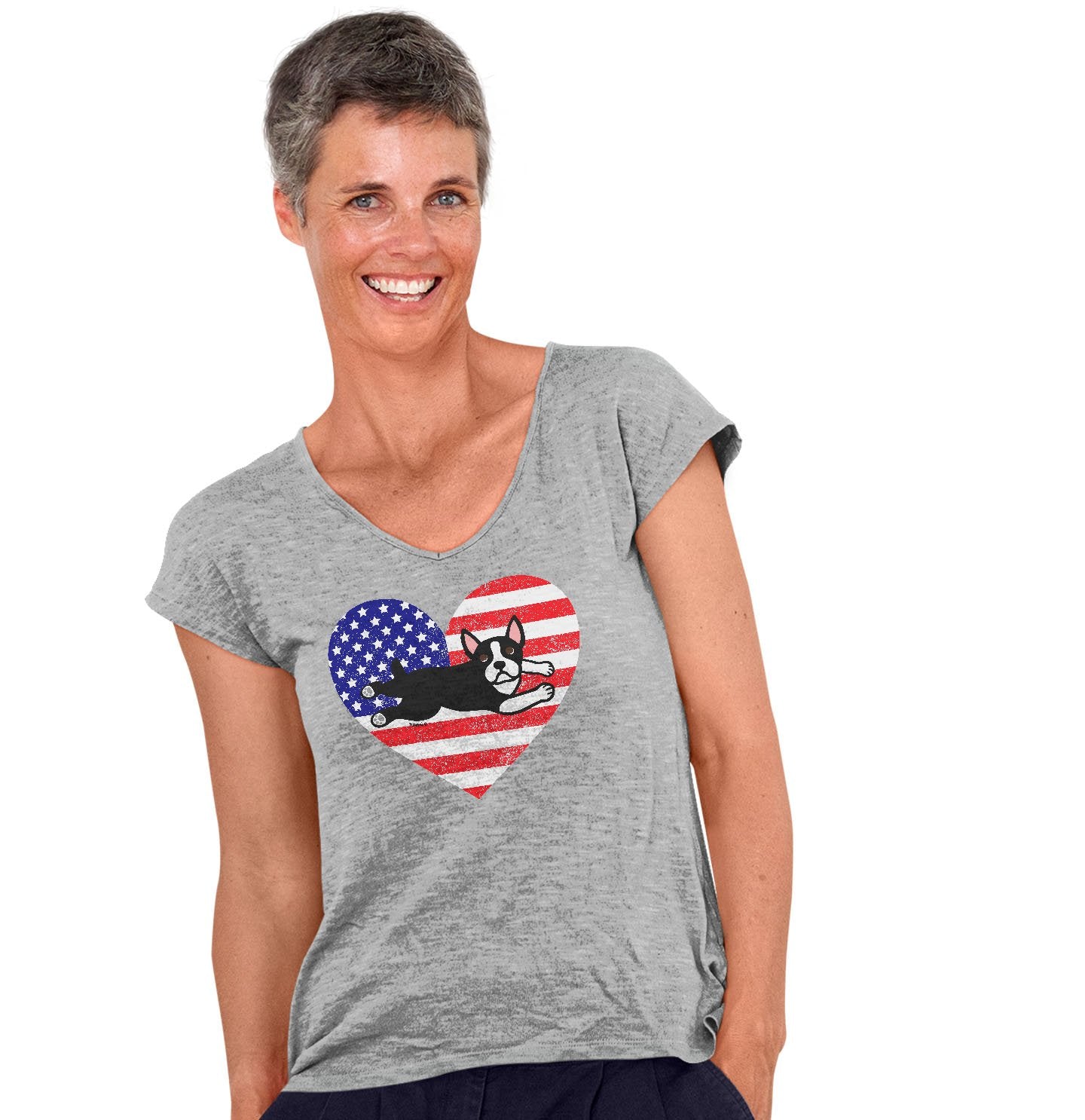 USA Flag Boston Terrier Puppy - Women's V-Neck T-Shirt