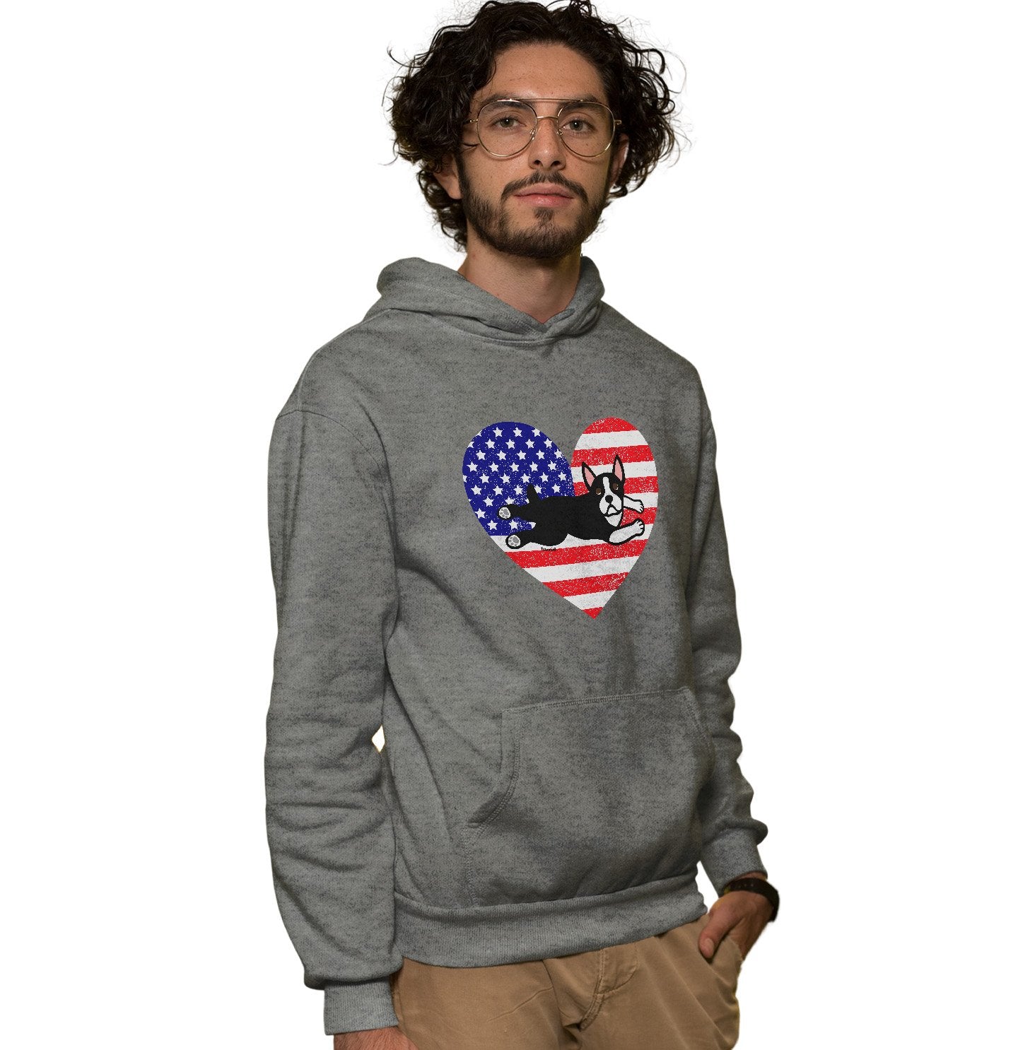 USA Flag Boston Terrier Puppy - Adult Unisex Hoodie Sweatshirt