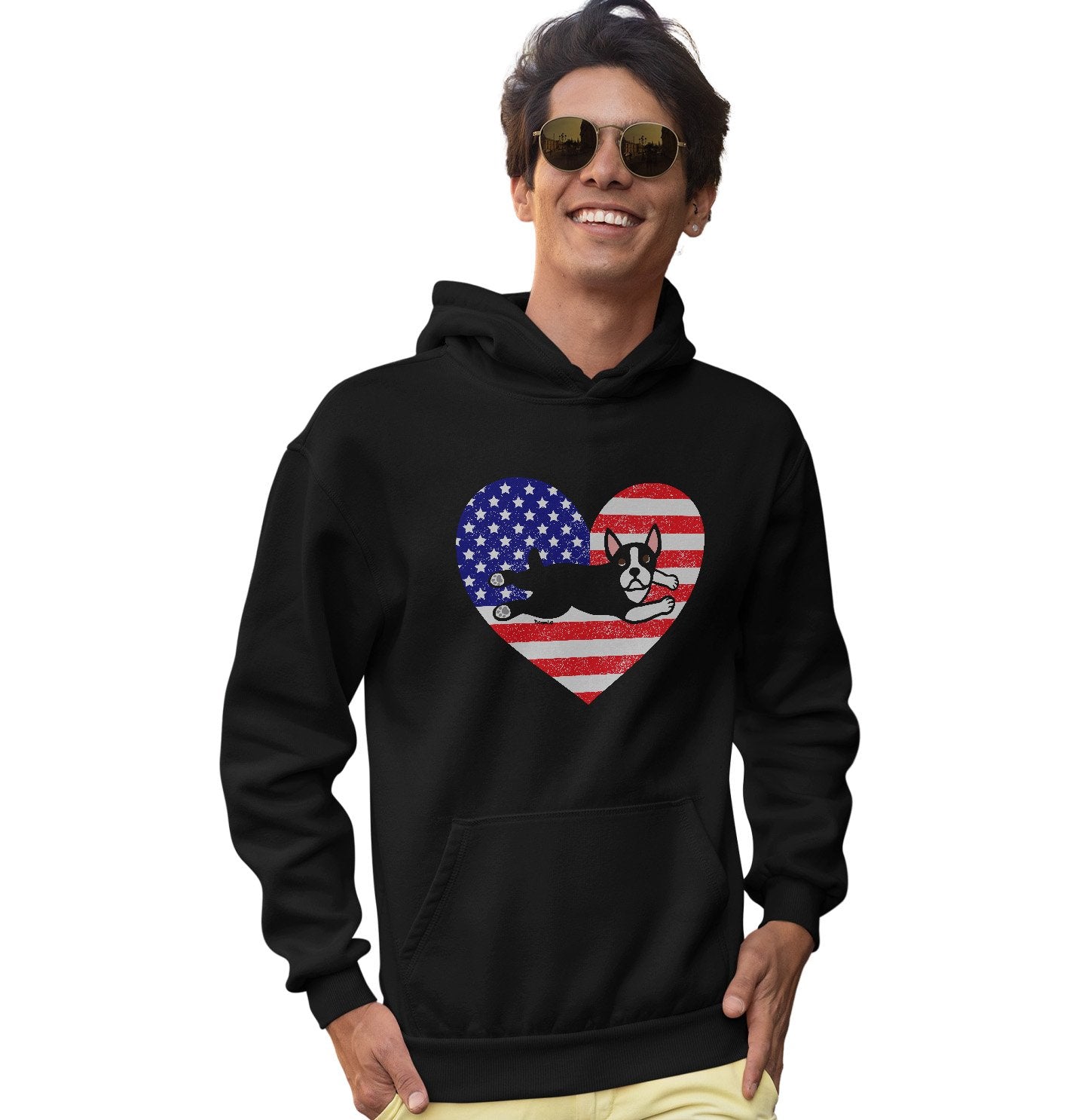 USA Flag Boston Terrier Puppy - Adult Unisex Hoodie Sweatshirt