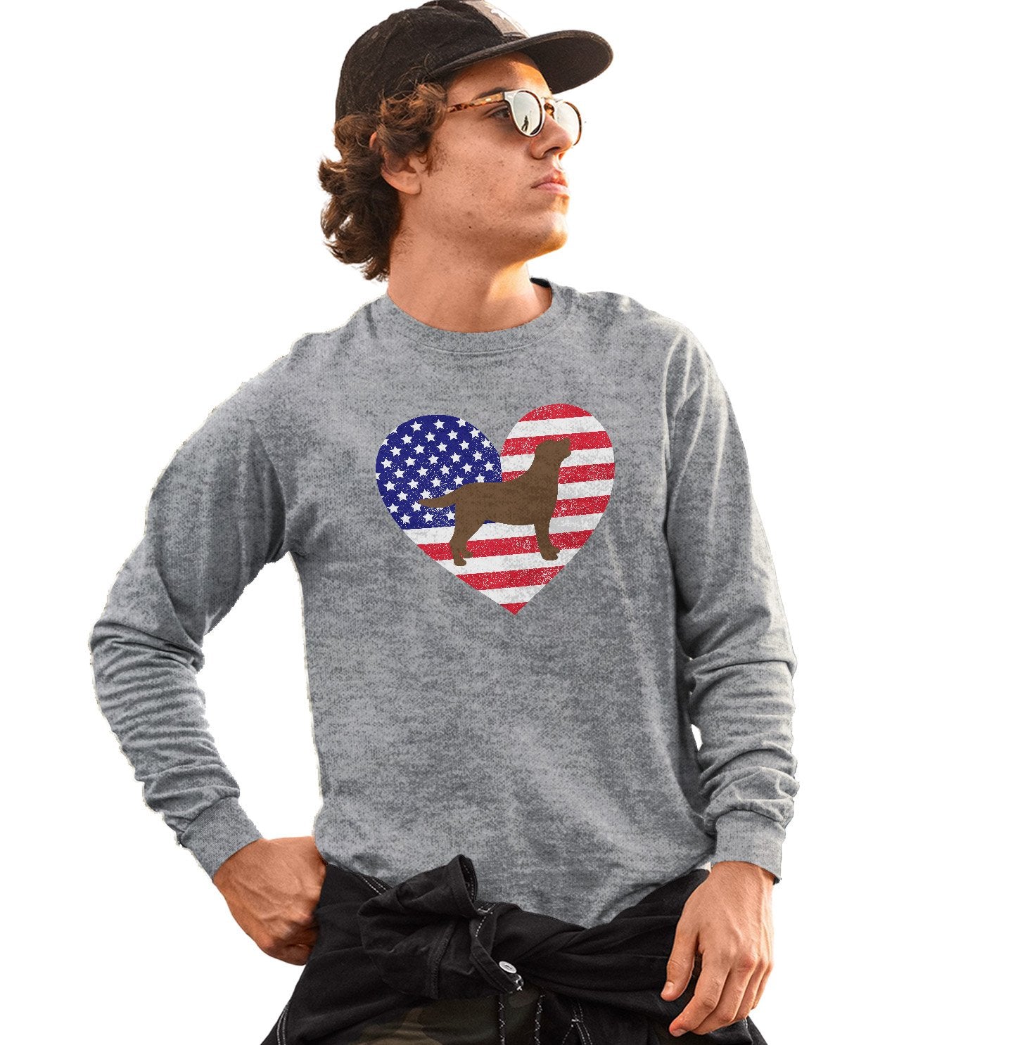 USA Flag Chocolate Lab Silhouette - Adult Unisex Long Sleeve T-Shirt