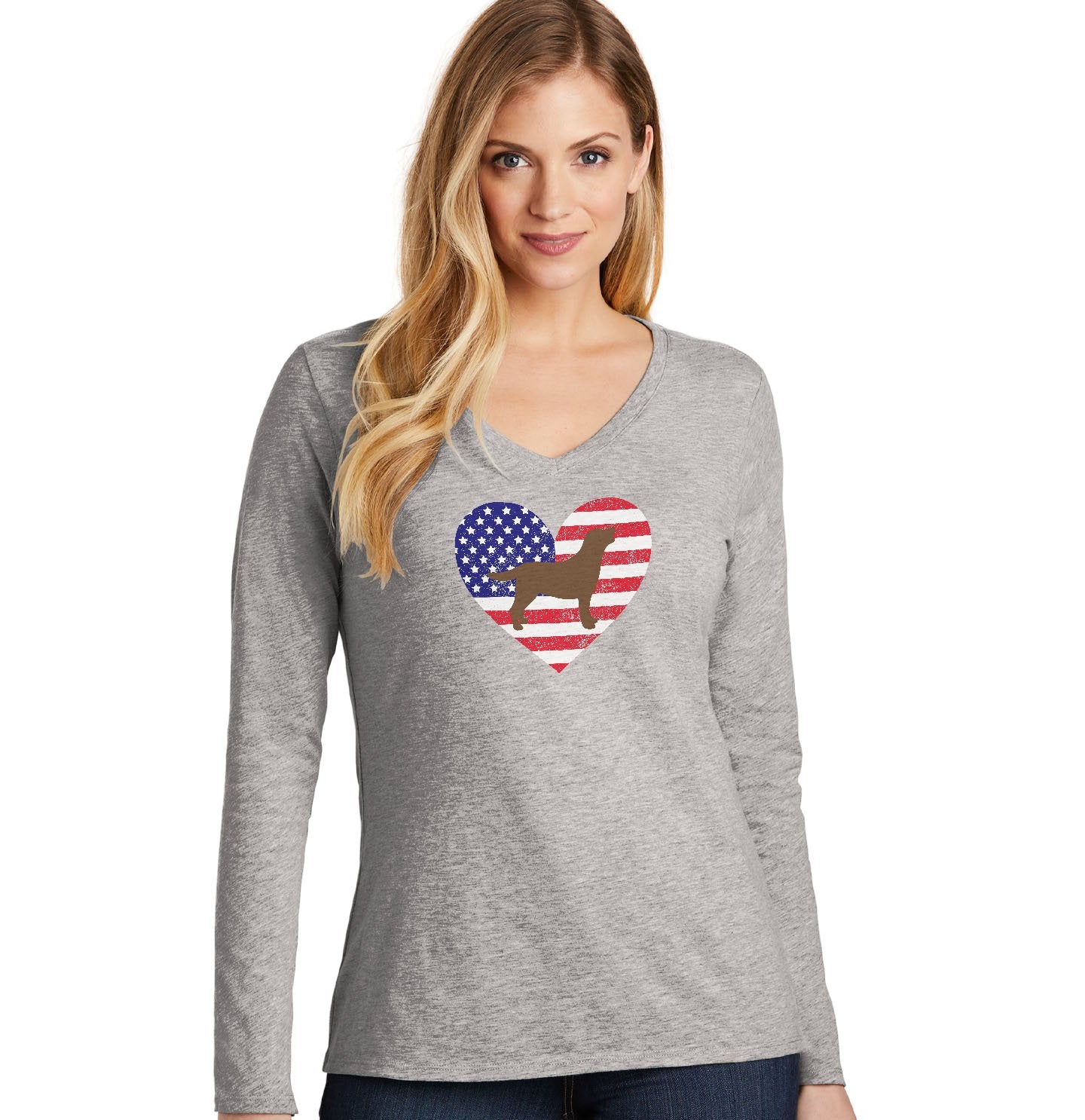 USA Flag Chocolate Lab Silhouette - Women's V-Neck Long Sleeve T-Shirt