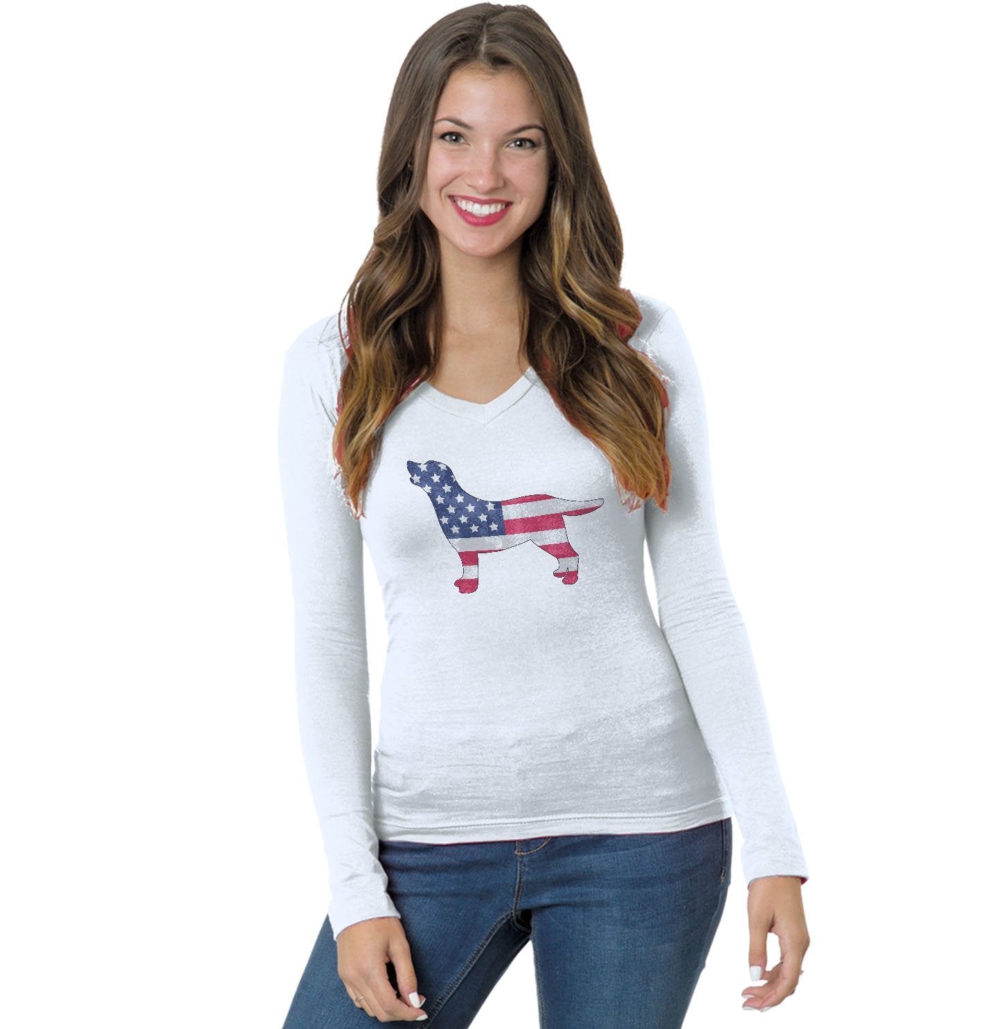 USA Flag Lab Silhouette - Women's V-Neck Long Sleeve T-Shirt