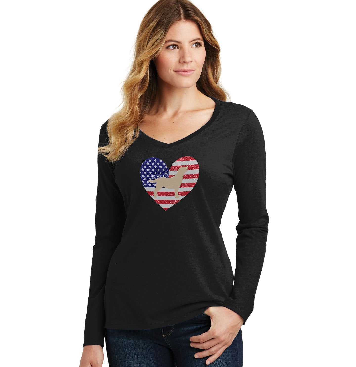 USA Flag Yellow Lab Silhouette - Women's V-Neck Long Sleeve T-Shirt