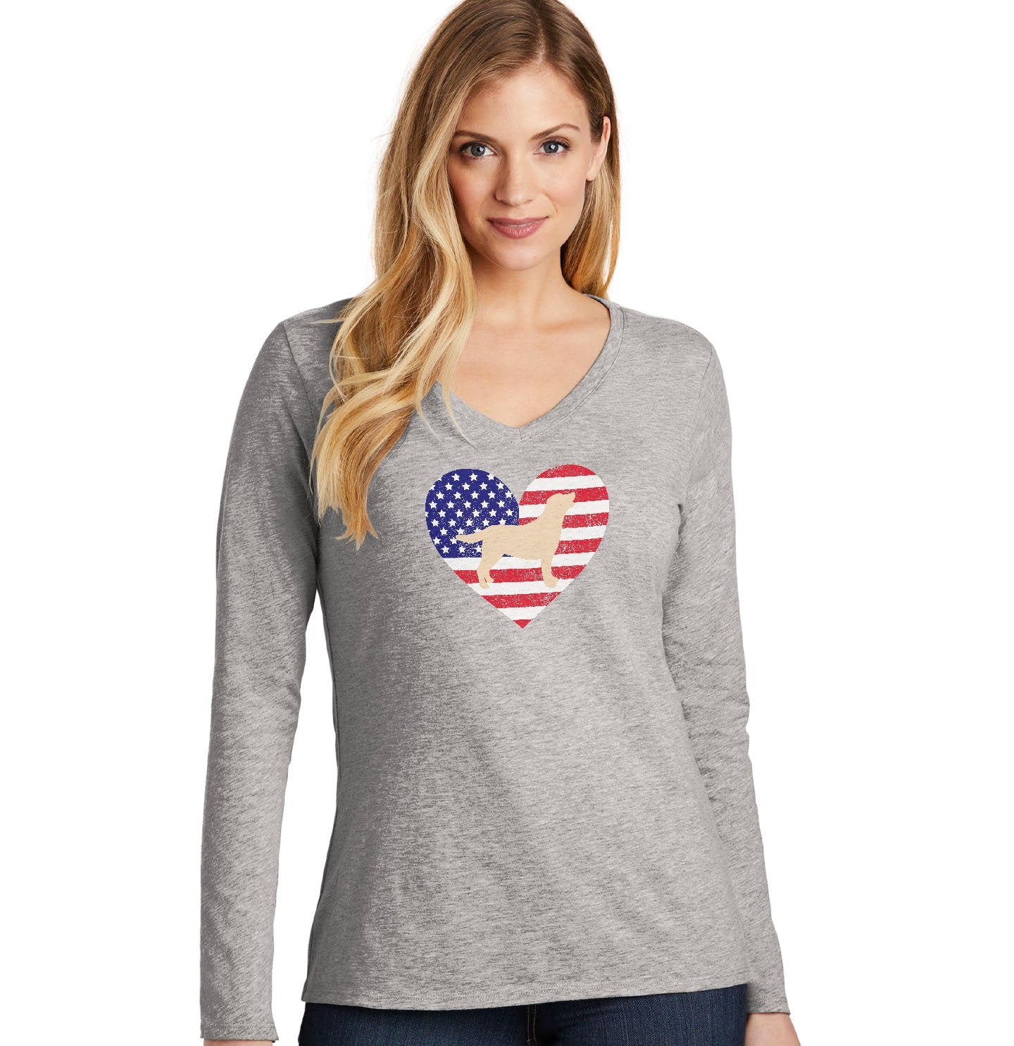 USA Flag Yellow Lab Silhouette - Women's V-Neck Long Sleeve T-Shirt