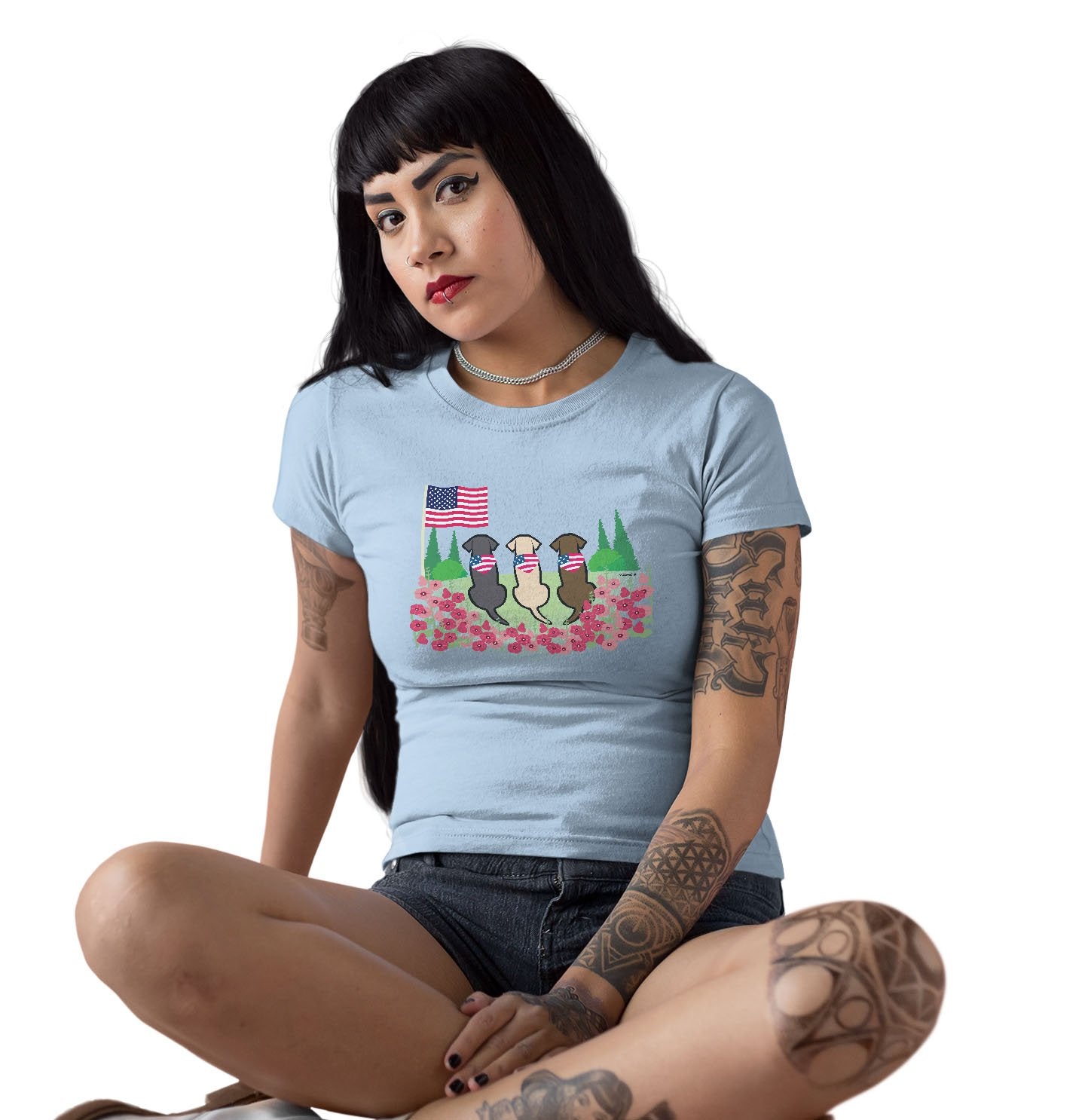 Animal Pride - USA Flag Bandanas on Three Labs - Women's Fitted T-Shirt