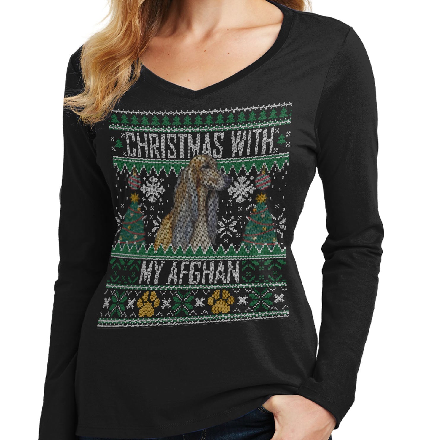 Ugly Sweater Christmas with My Afghan Hound - Women's V-Neck Long Sleeve T-Shirt