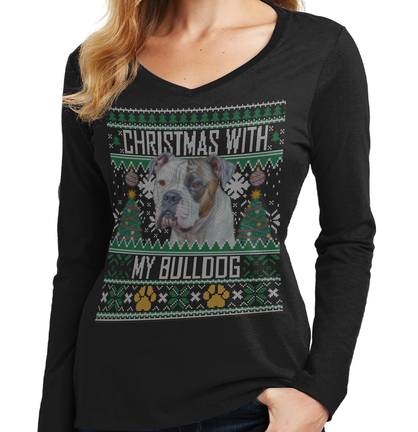 Ugly Sweater Christmas with My American Bulldog - Women's V-Neck Long Sleeve T-Shirt