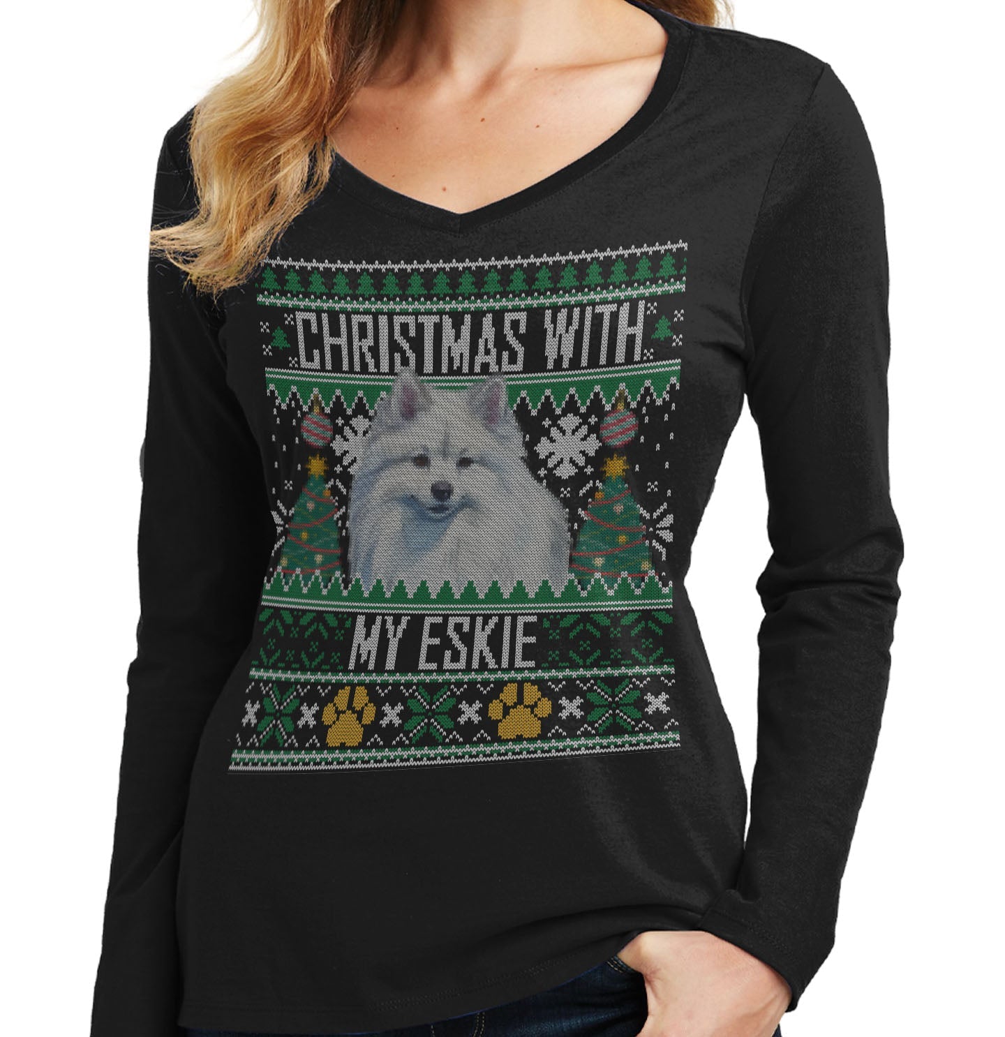Ugly Sweater Christmas with My American Eskimo Dog - Women's V-Neck Long Sleeve T-Shirt