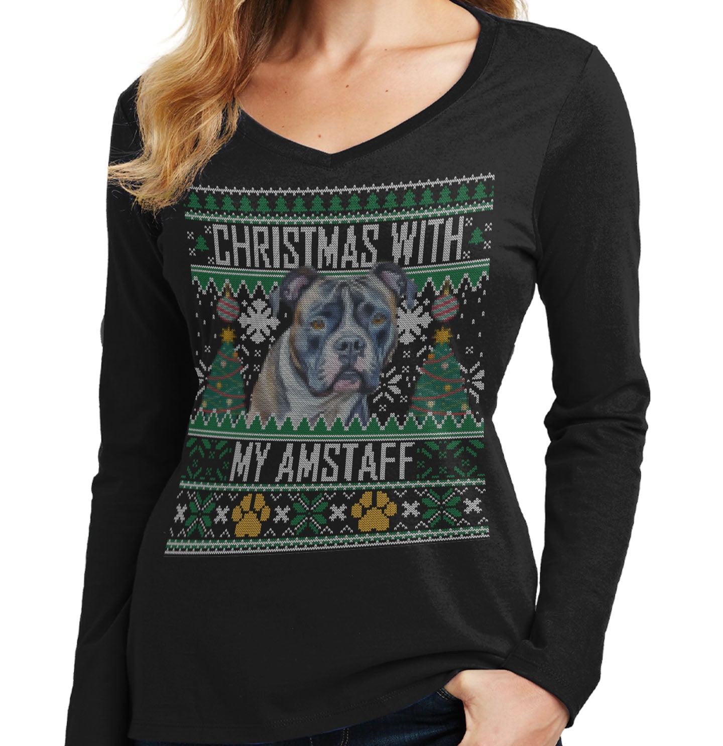 Ugly Sweater Christmas with My American Staffordshire Terrier - Women's V-Neck Long Sleeve T-Shirt