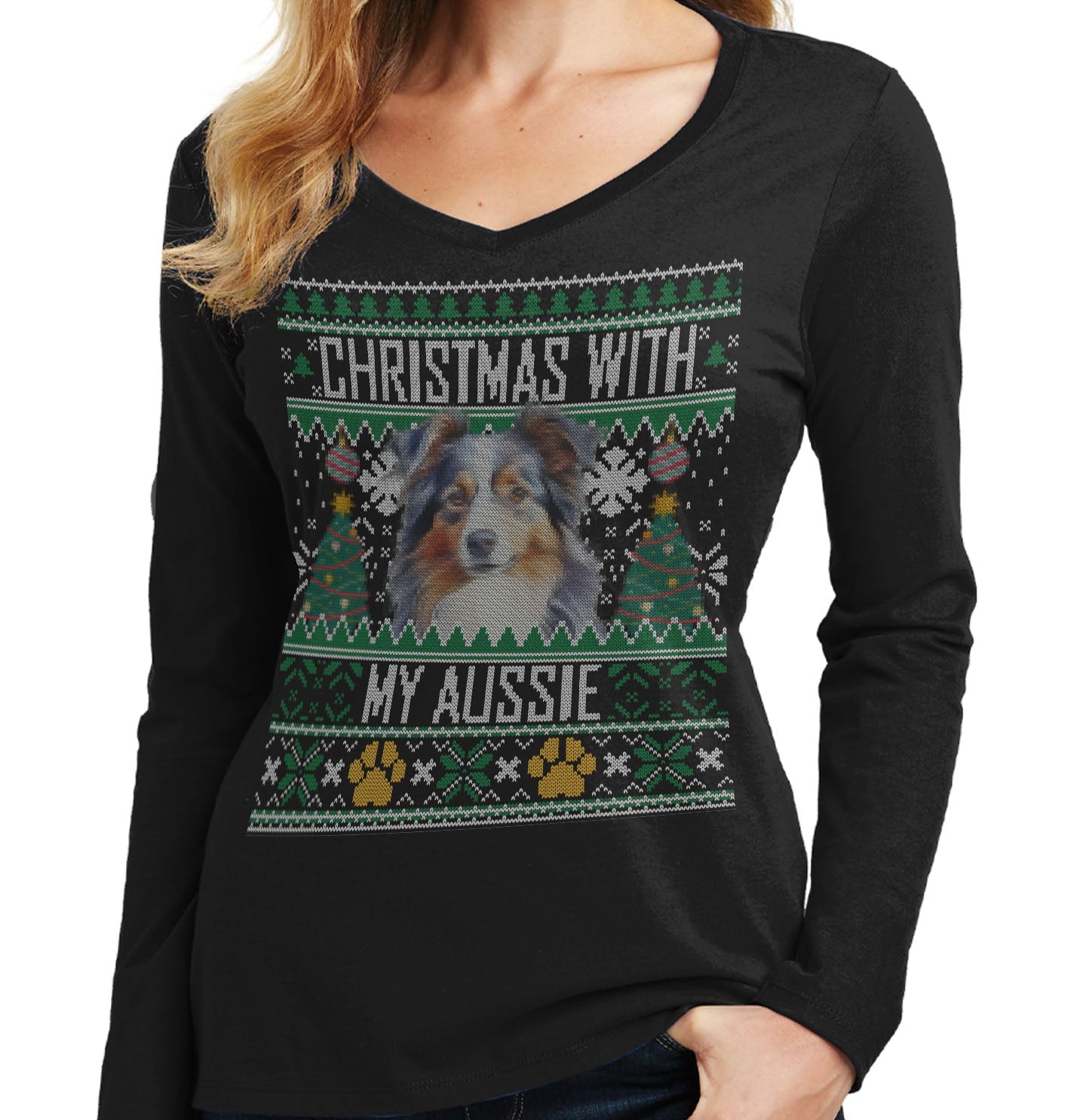 Ugly Sweater Christmas with My Australian Shepherd - Women's V-Neck Long Sleeve T-Shirt