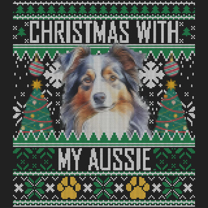 Ugly Sweater Christmas with My Australian Shepherd - Women's V-Neck Long Sleeve T-Shirt
