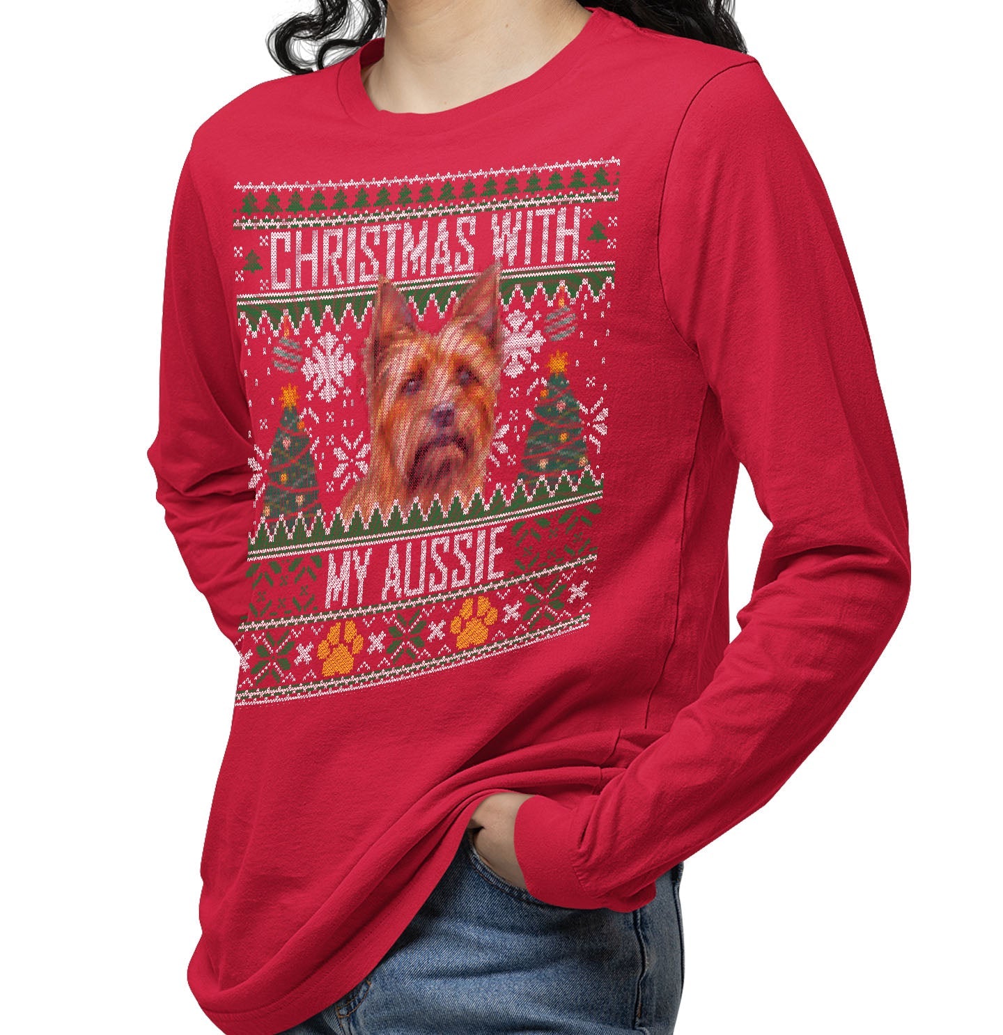Ugly Sweater Christmas with My Australian Terrier - Adult Unisex Long Sleeve T-Shirt