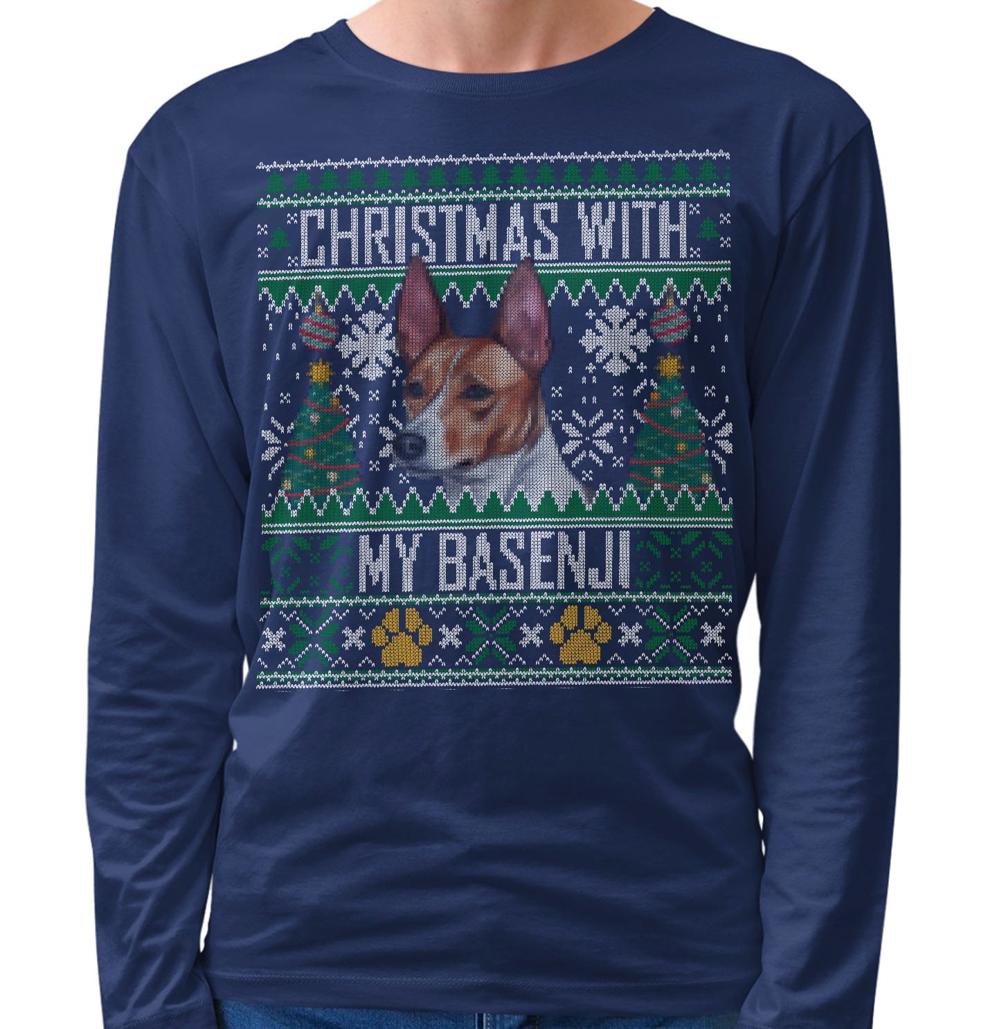 Ugly Sweater Christmas with My Basenji - Adult Unisex Long Sleeve T-Shirt