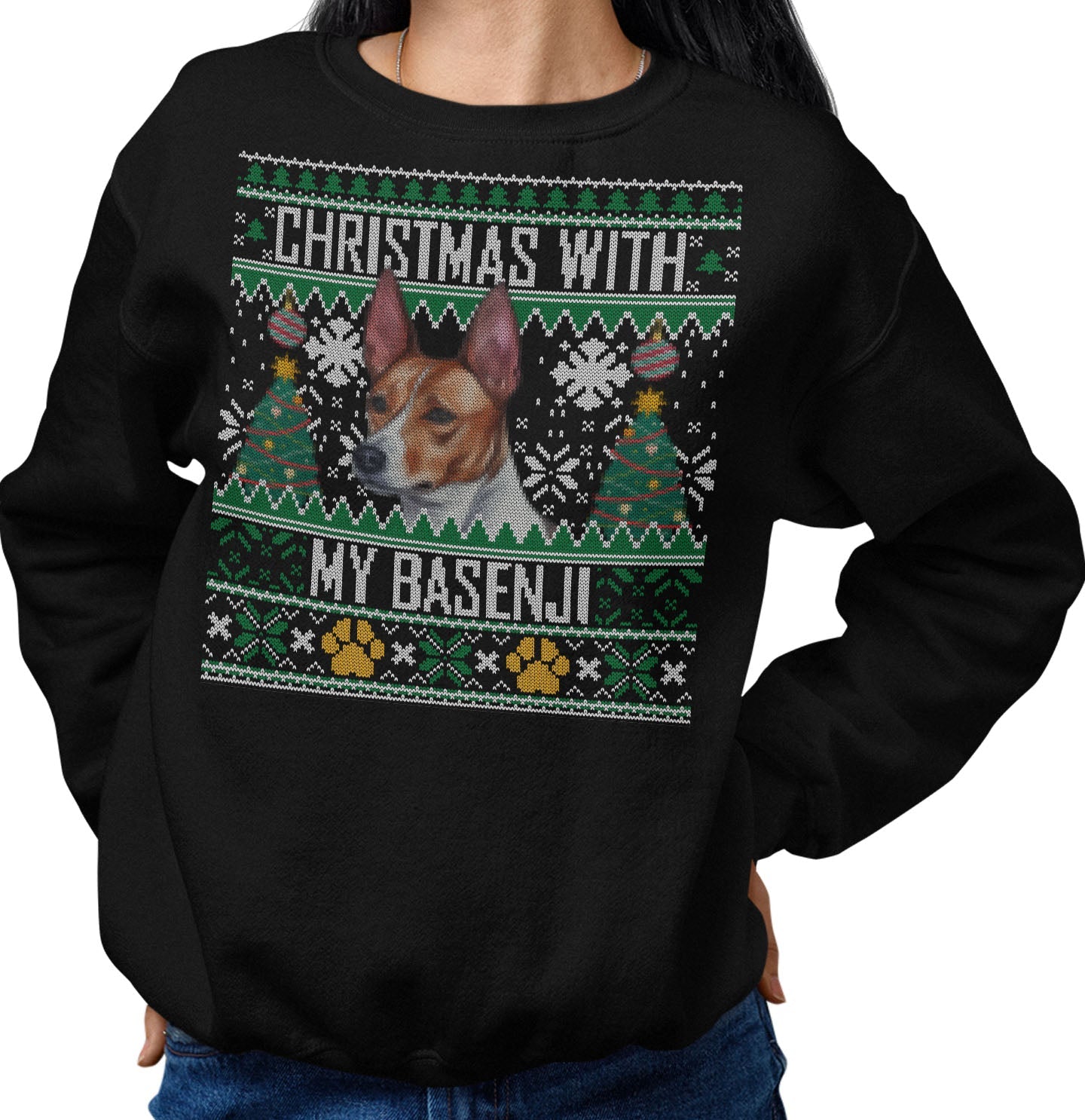 Ugly Sweater Christmas with My Basenji - Adult Unisex Crewneck Sweatshirt