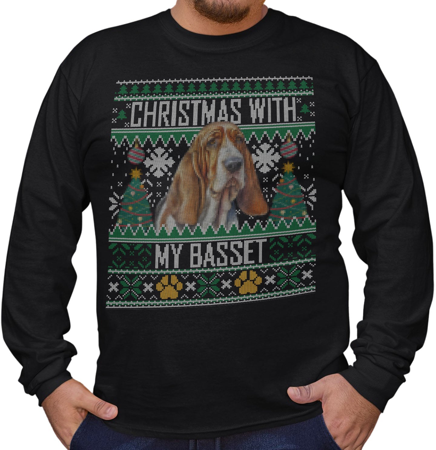 Ugly Sweater Christmas with My Basset Hound - Adult Unisex Long Sleeve T-Shirt