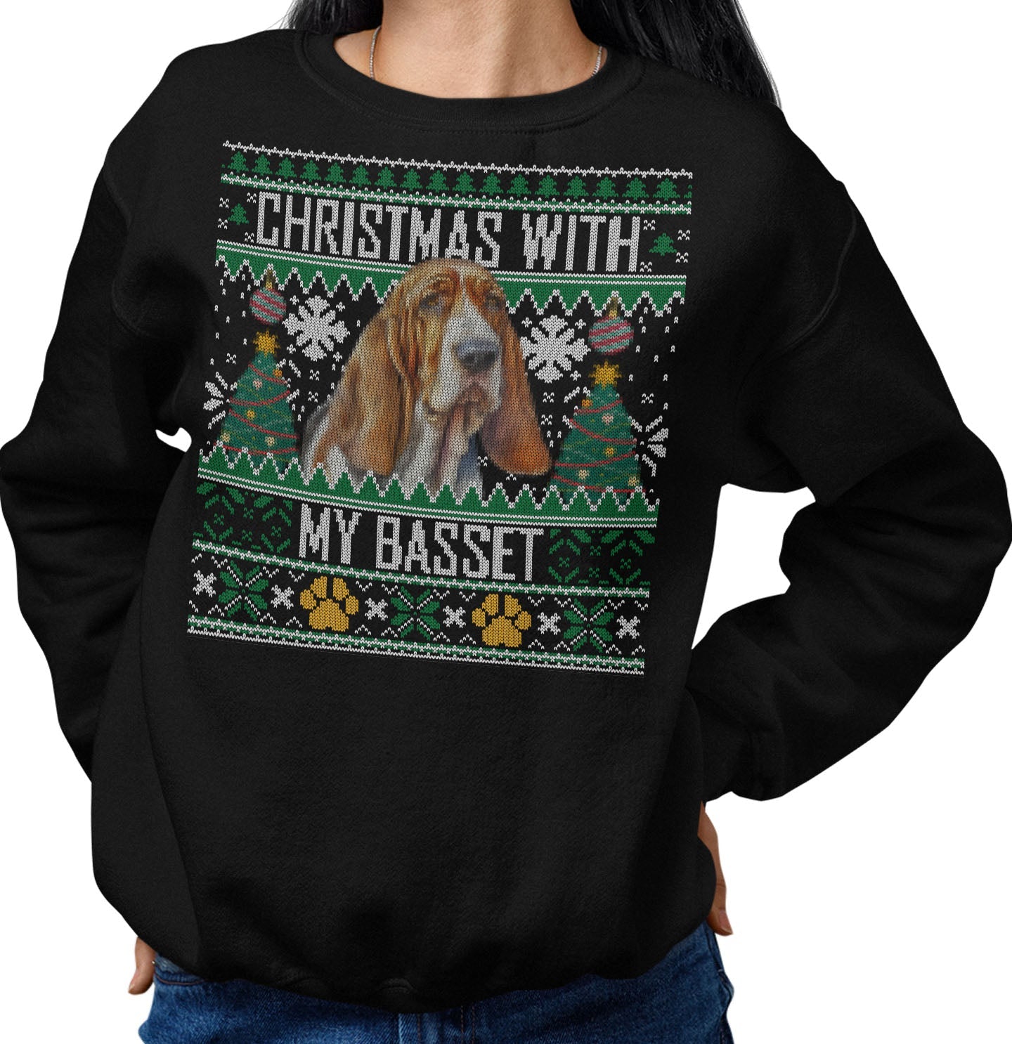 Ugly Sweater Christmas with My Basset Hound - Adult Unisex Crewneck Sweatshirt