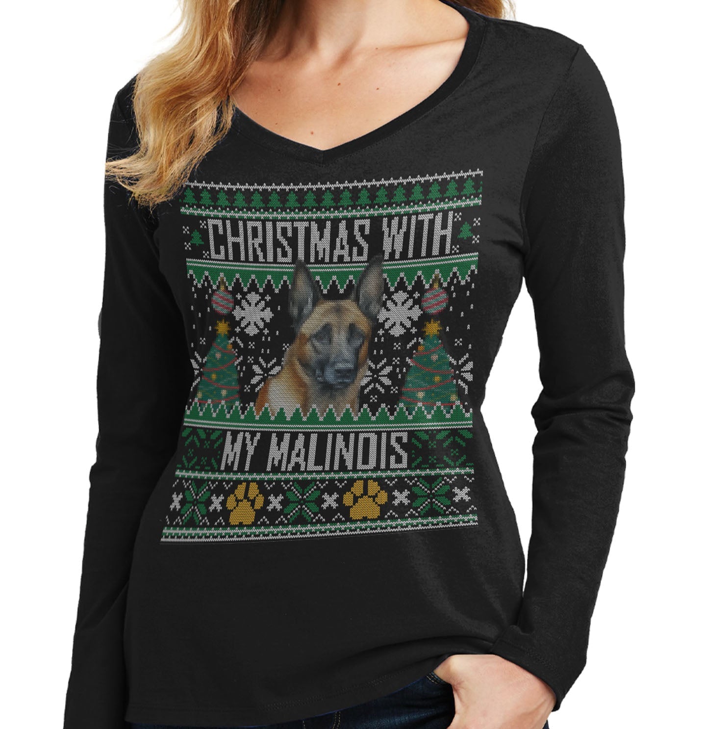 Ugly Sweater Christmas with My Belgian Malinois - Women's V-Neck Long Sleeve T-Shirt
