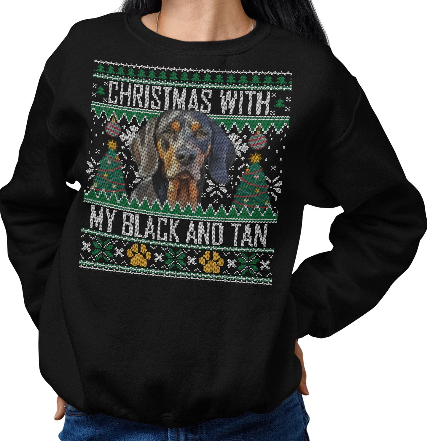Ugly Sweater Christmas with My Black and Tan Coonhound - Adult Unisex Crewneck Sweatshirt