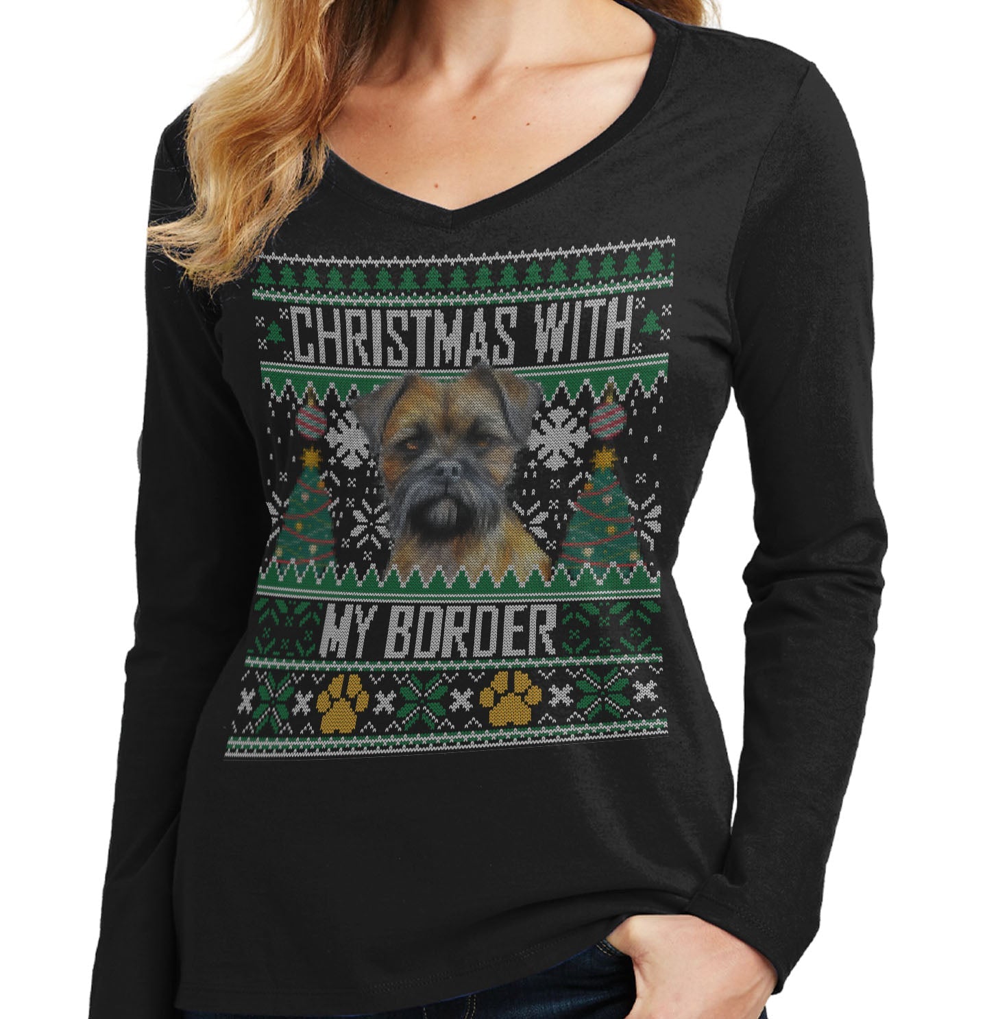 Ugly Sweater Christmas with My Border Terrier - Women's V-Neck Long Sleeve T-Shirt