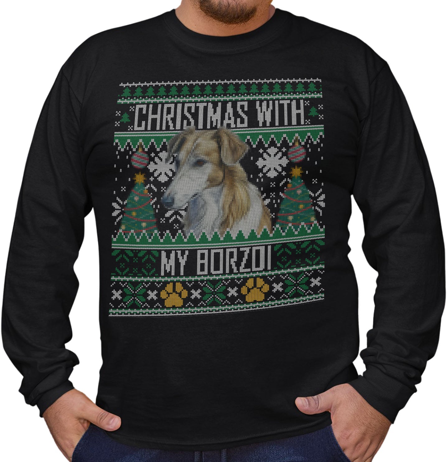 Ugly Sweater Christmas with My Borzoi - Adult Unisex Long Sleeve T-Shirt