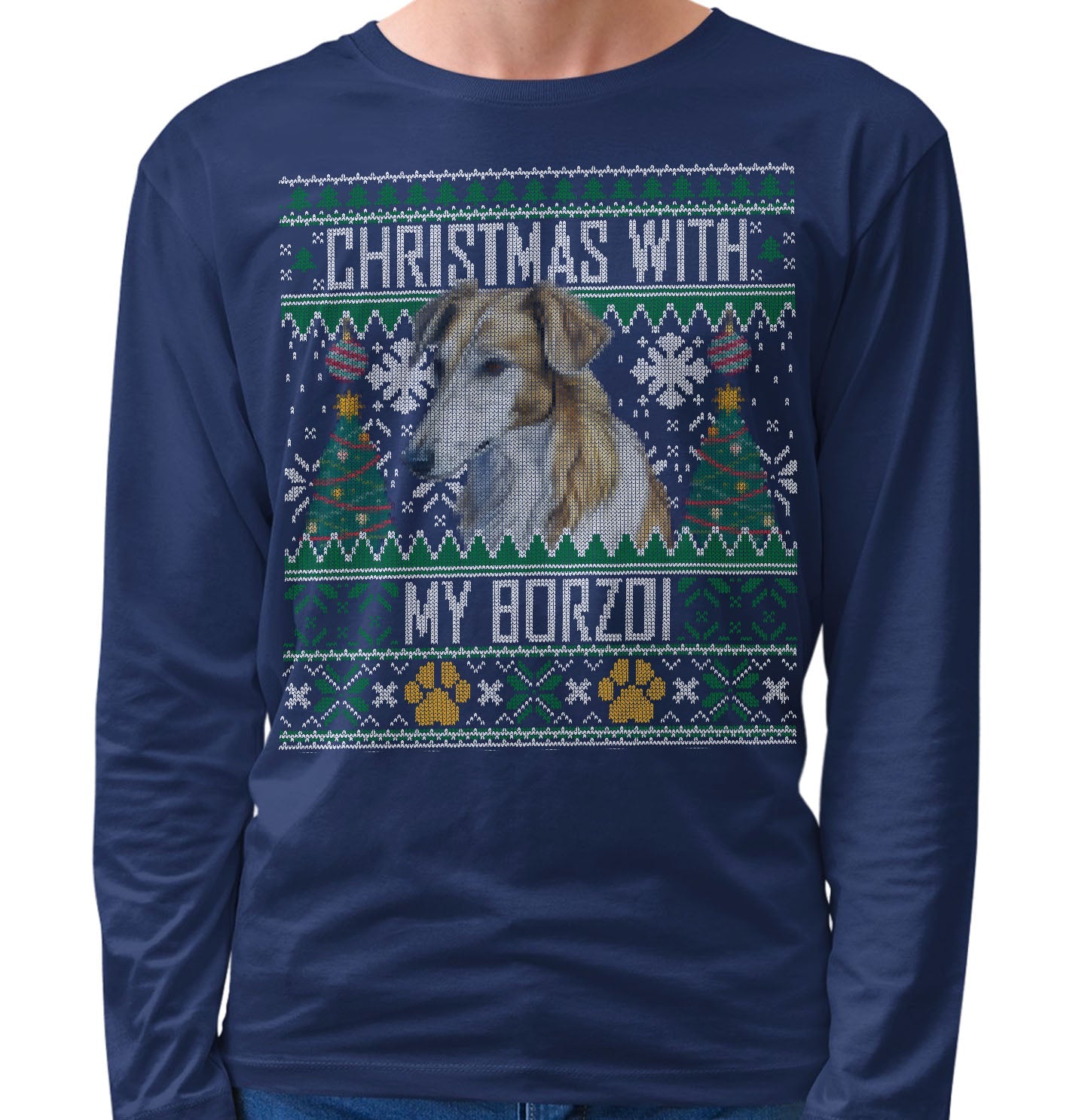 Ugly Sweater Christmas with My Borzoi - Adult Unisex Long Sleeve T-Shirt