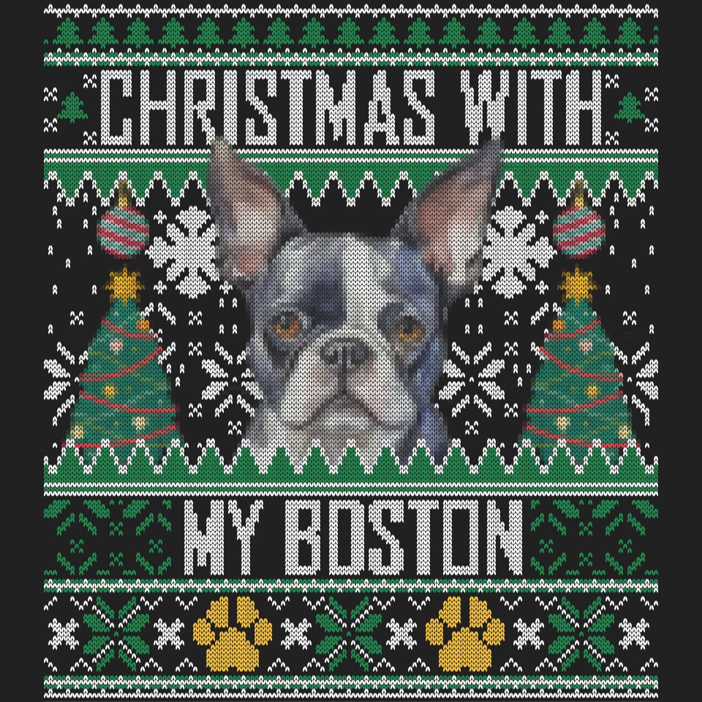 Ugly Sweater Christmas with My Boston Terrier - Women's V-Neck Long Sleeve T-Shirt