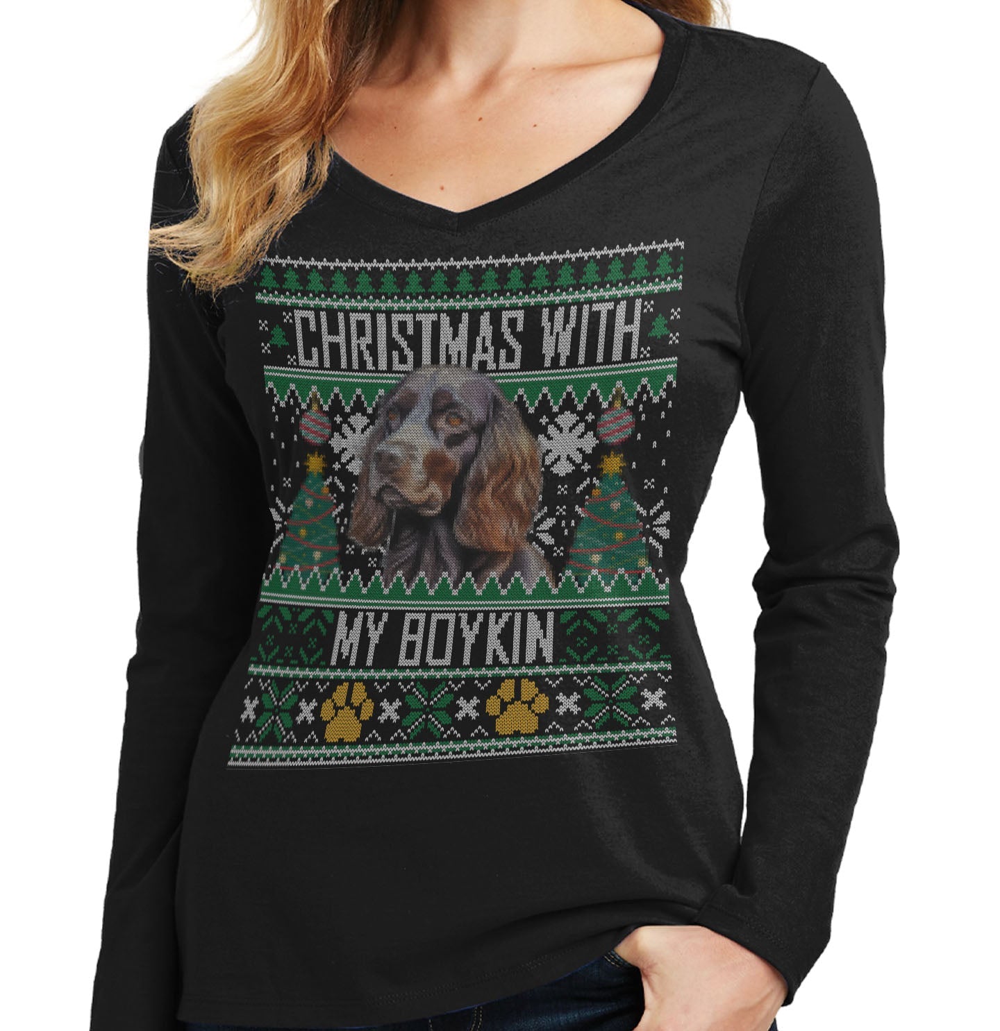 Ugly Sweater Christmas with My Boykin Spaniel - Women's V-Neck Long Sleeve T-Shirt