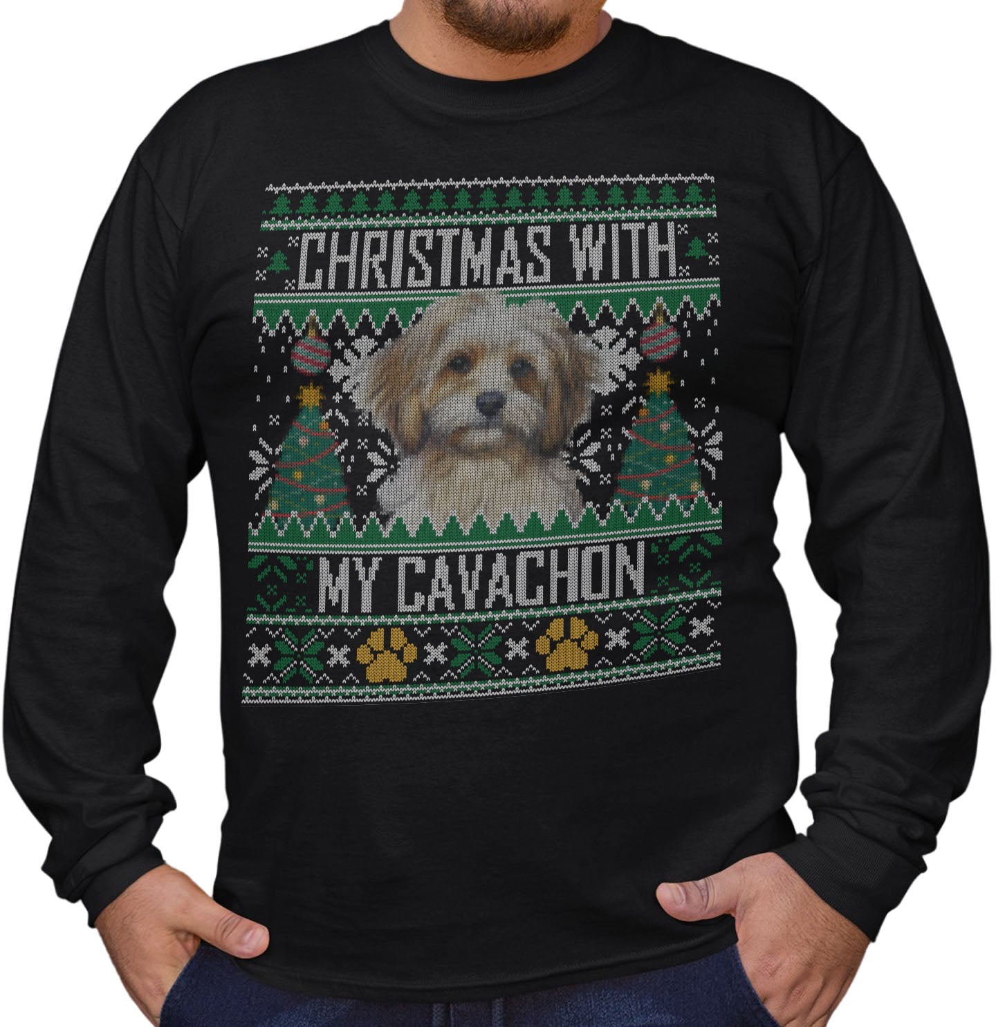Ugly Sweater Christmas with My Cavachon - Adult Unisex Long Sleeve T-Shirt