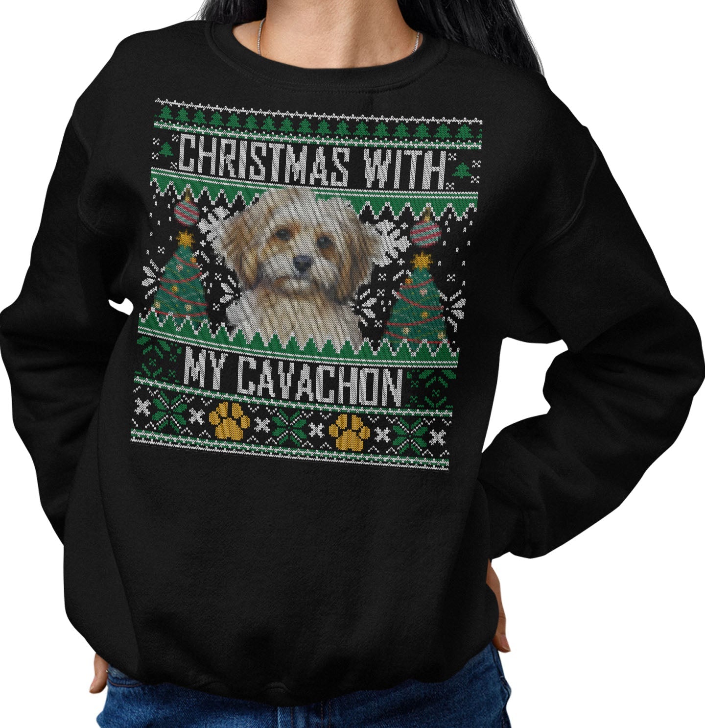 Ugly Sweater Christmas with My Cavachon - Adult Unisex Crewneck Sweatshirt