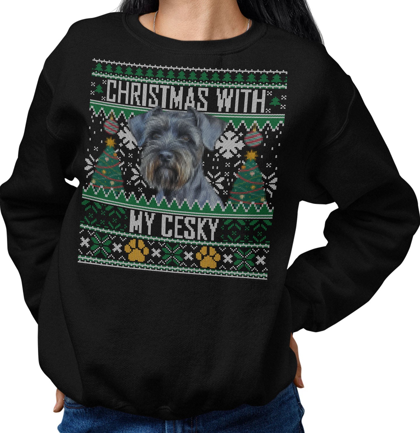 Ugly Sweater Christmas with My Cesky Terrier - Adult Unisex Crewneck Sweatshirt