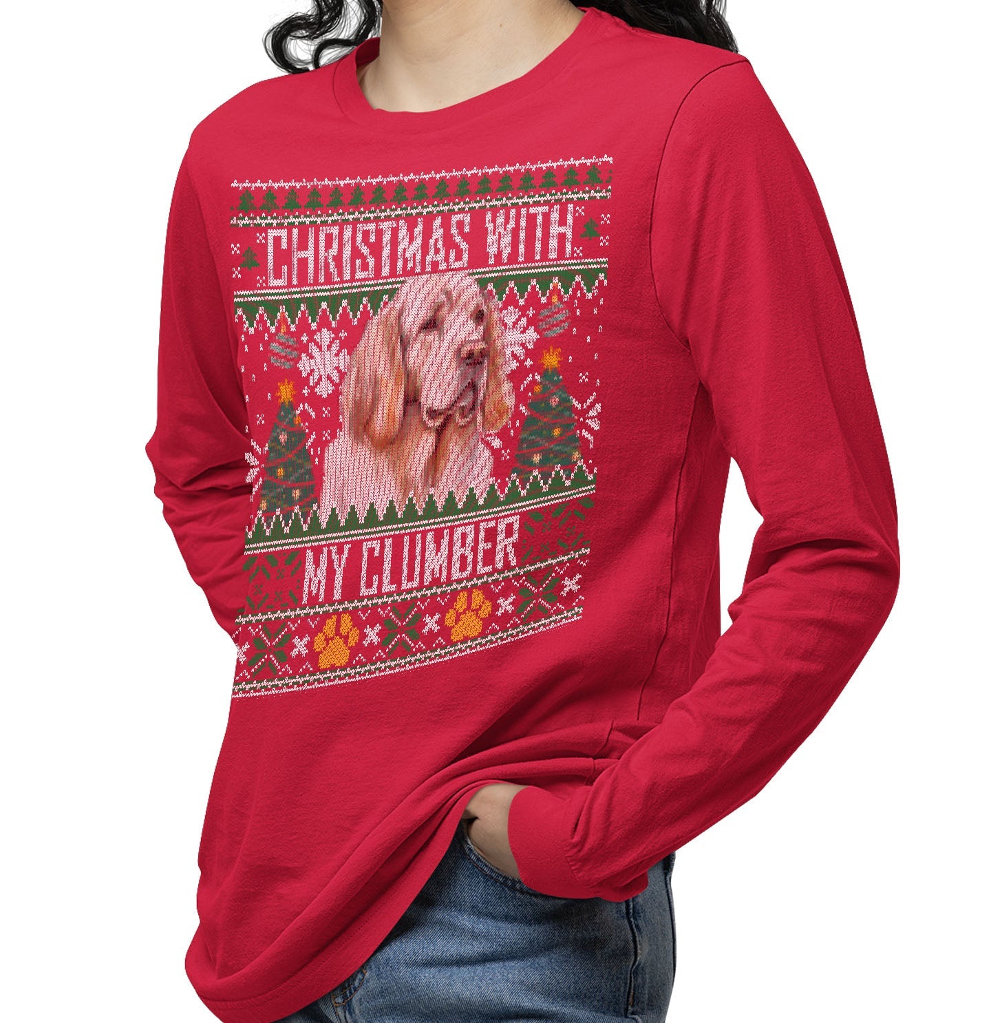 Ugly Sweater Christmas with My Clumber Spaniel - Adult Unisex Long Sleeve T-Shirt