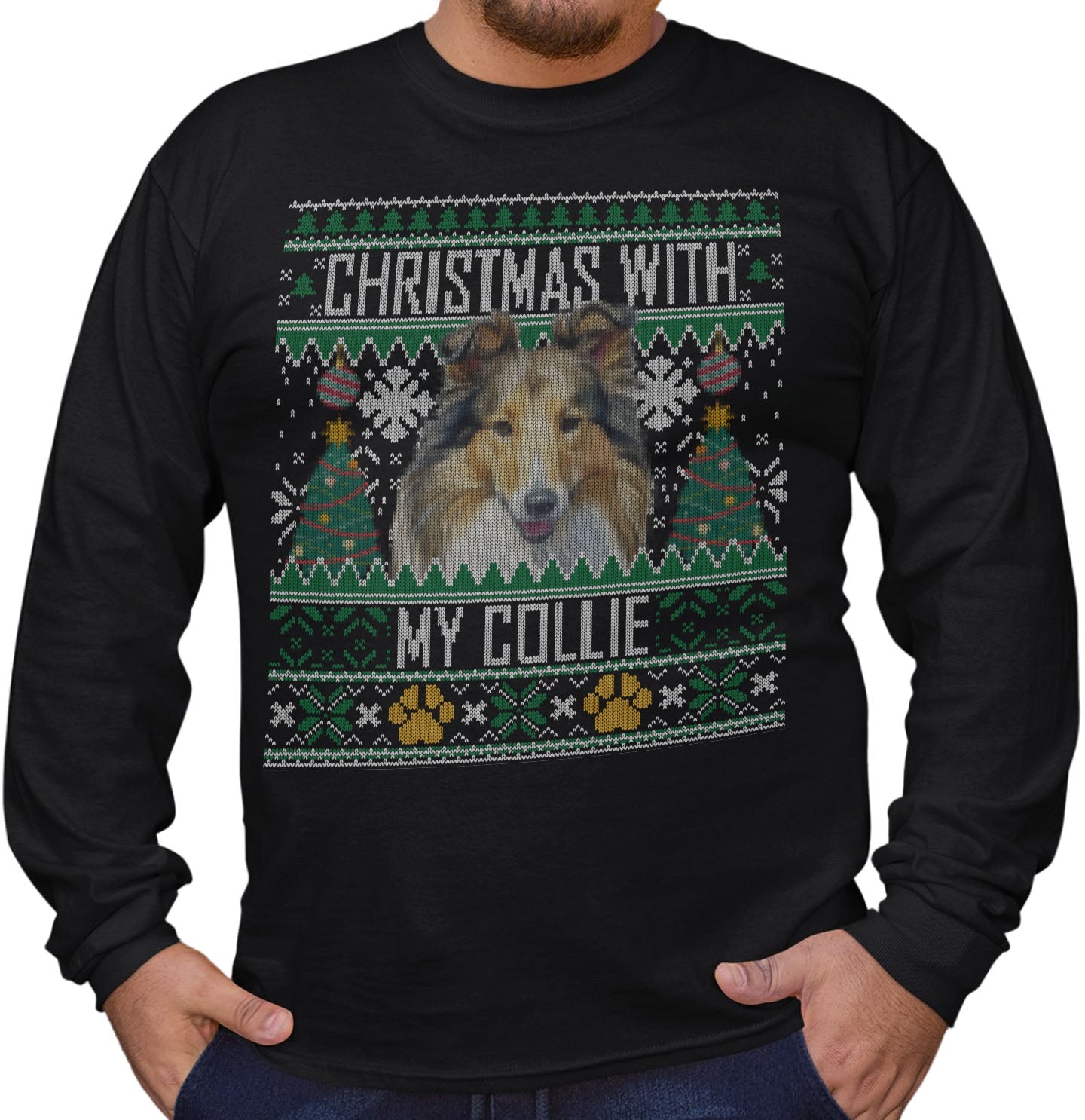 Ugly Sweater Christmas with My Collie - Adult Unisex Long Sleeve T-Shirt