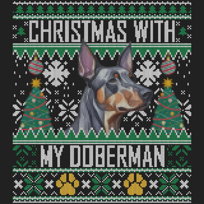 Ugly Sweater Christmas with My Doberman Pinscher - Women's V-Neck Long Sleeve T-Shirt