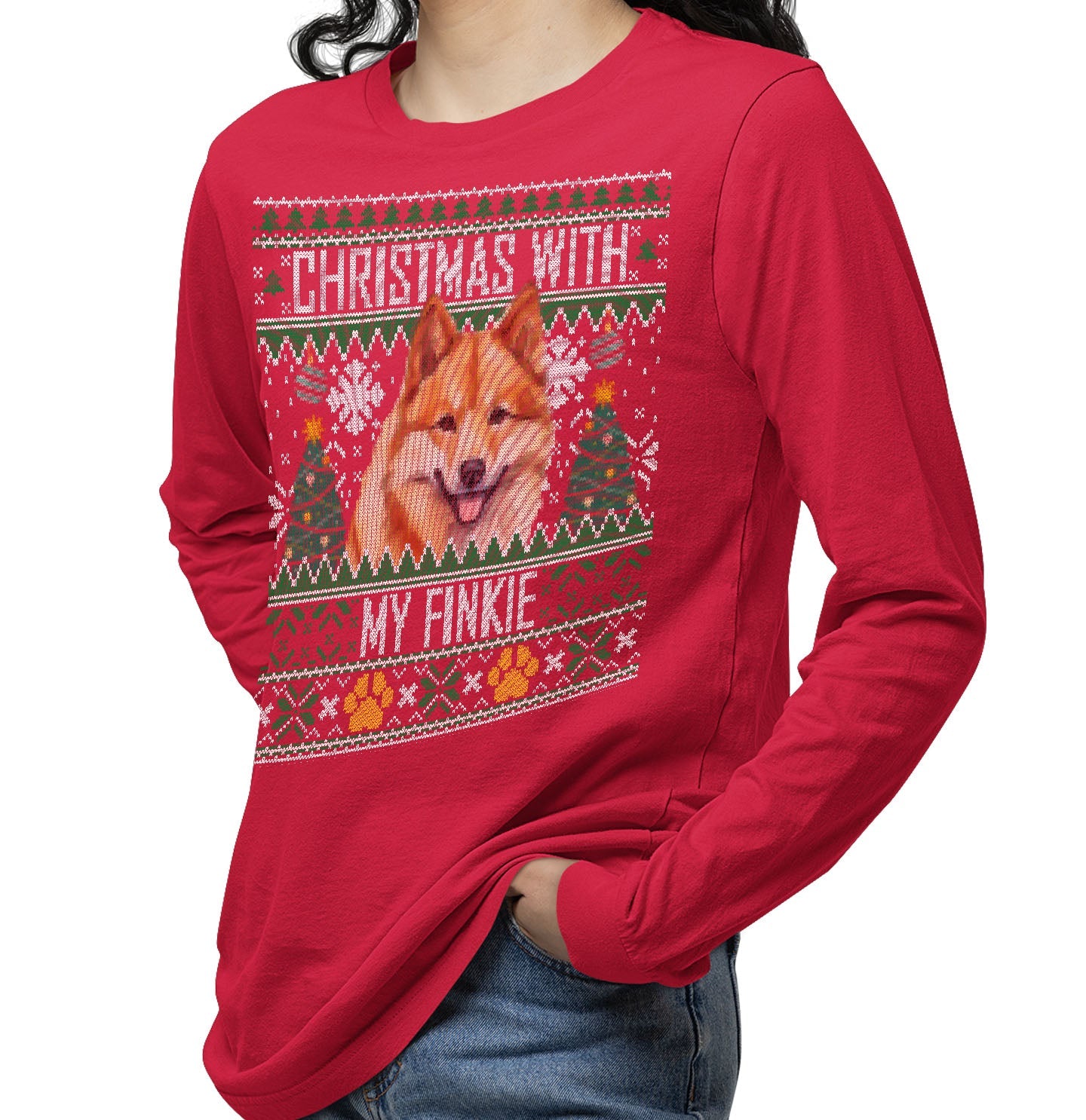 Ugly Sweater Christmas with My Finnish Spitz - Adult Unisex Long Sleeve T-Shirt