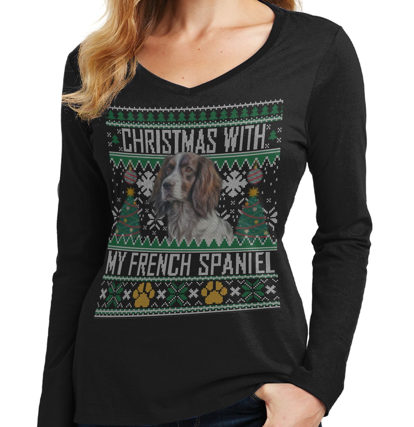 Ugly Sweater Christmas with My French Spaniel - Women's V-Neck Long Sleeve T-Shirt
