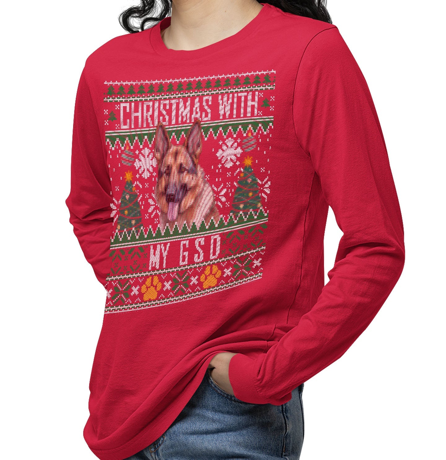 Ugly Sweater Christmas with My German Shepherd Dog - Adult Unisex Long Sleeve T-Shirt