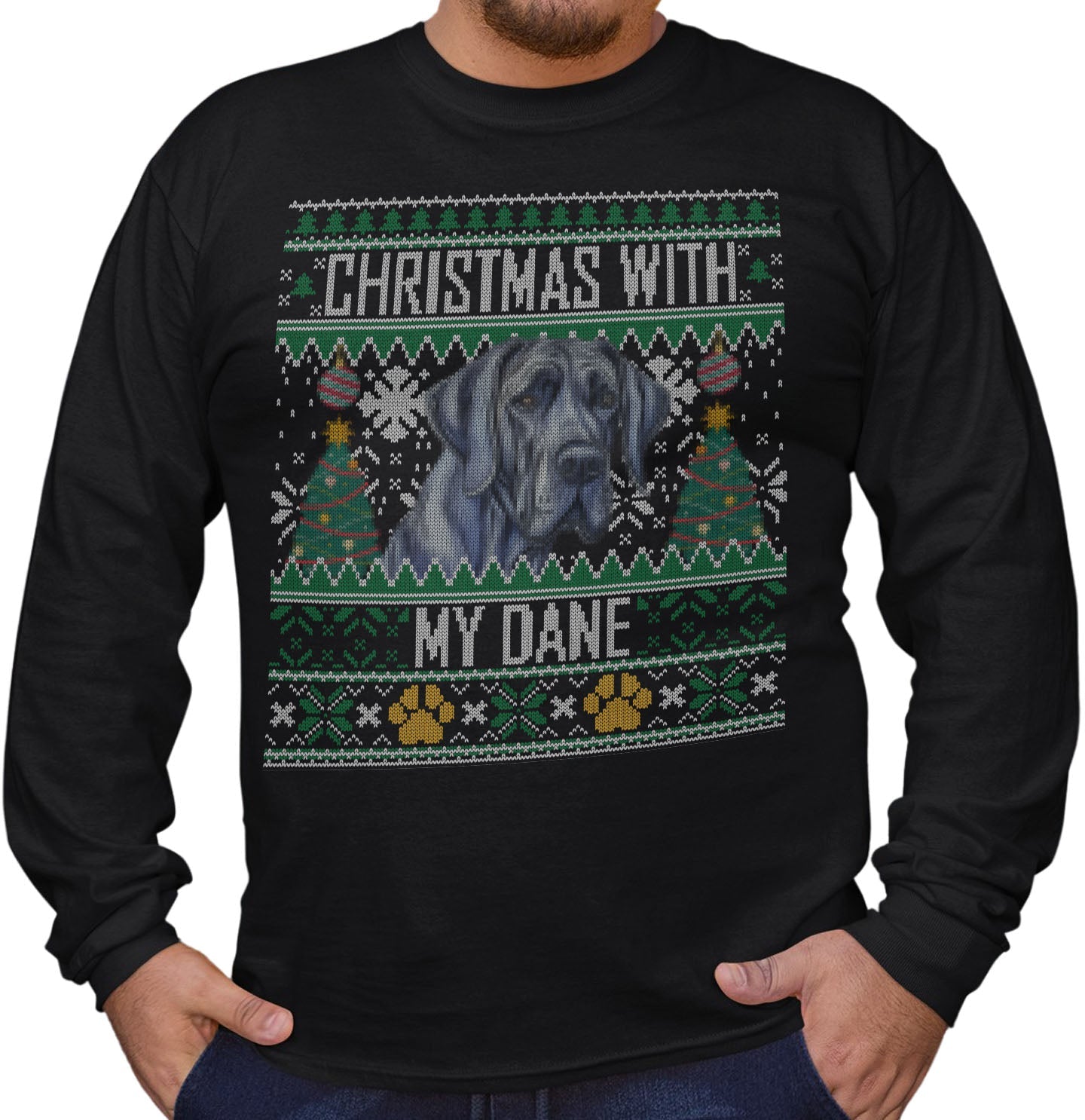 Ugly Sweater Christmas with My Great Dane - Adult Unisex Long Sleeve T-Shirt
