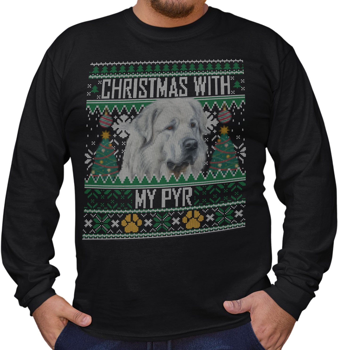 Ugly Sweater Christmas with My Great Pyrenees - Adult Unisex Long Sleeve T-Shirt