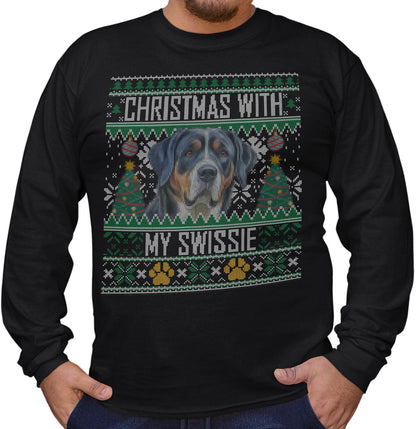 Ugly Sweater Christmas with My Greater Swiss Mountain Dog - Adult Unisex Long Sleeve T-Shirt