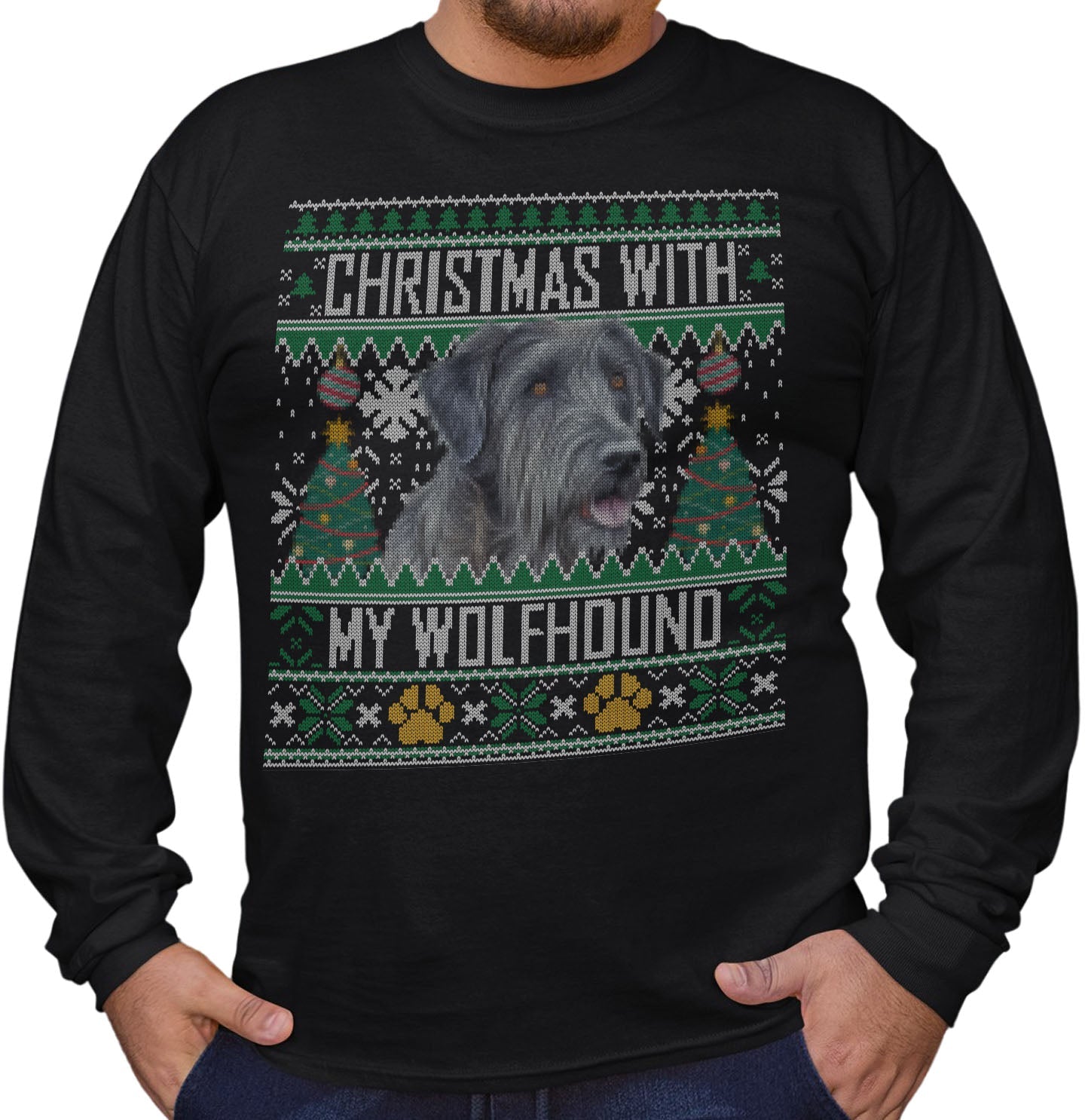 Ugly Sweater Christmas with My Irish Wolfhound - Adult Unisex Long Sleeve T-Shirt
