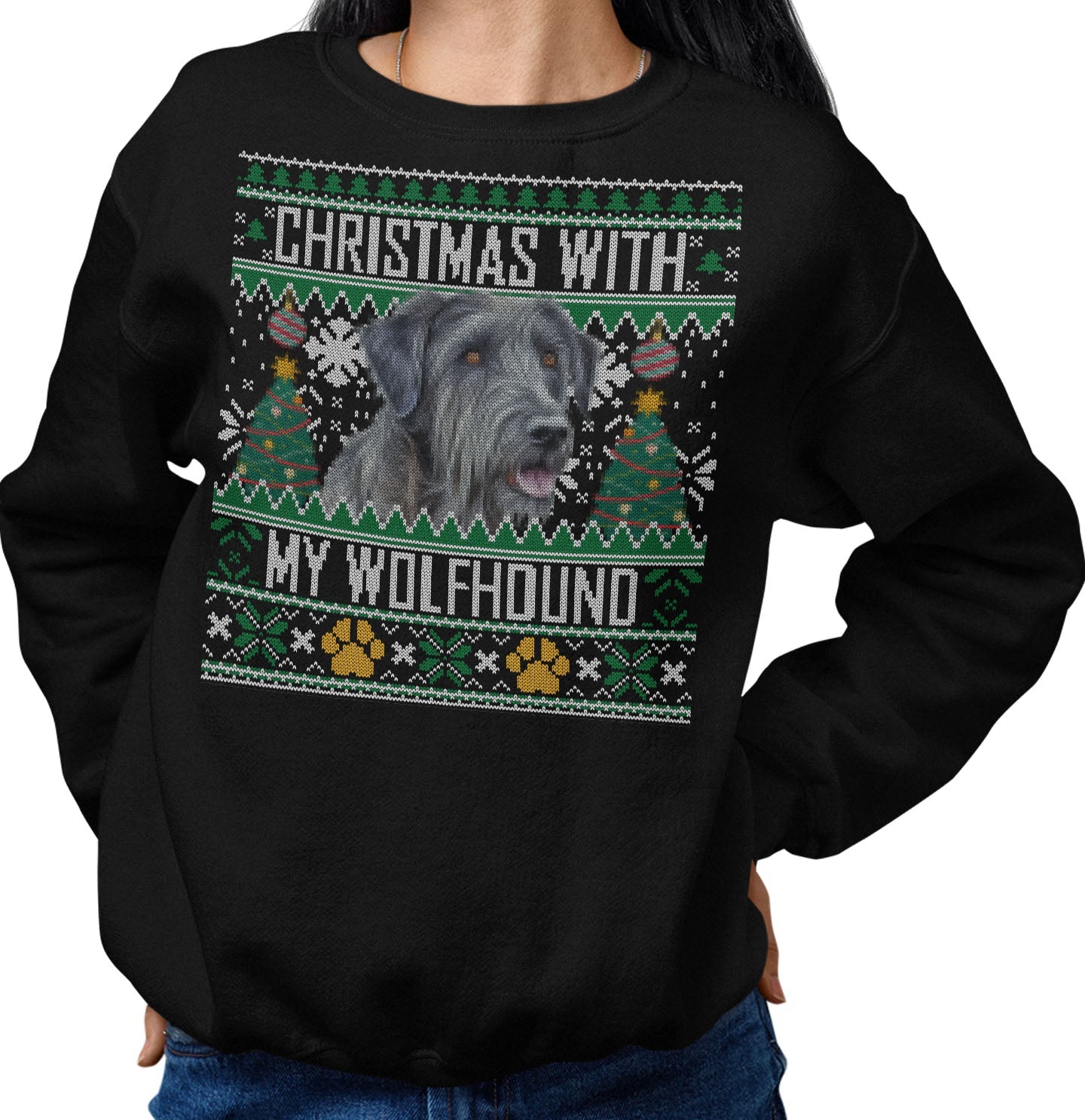 Ugly Sweater Christmas with My Irish Wolfhound - Adult Unisex Crewneck Sweatshirt