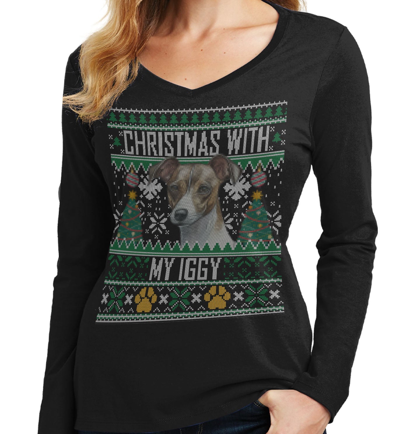Ugly Sweater Christmas with My Italian Greyhound - Women's V-Neck Long Sleeve T-Shirt