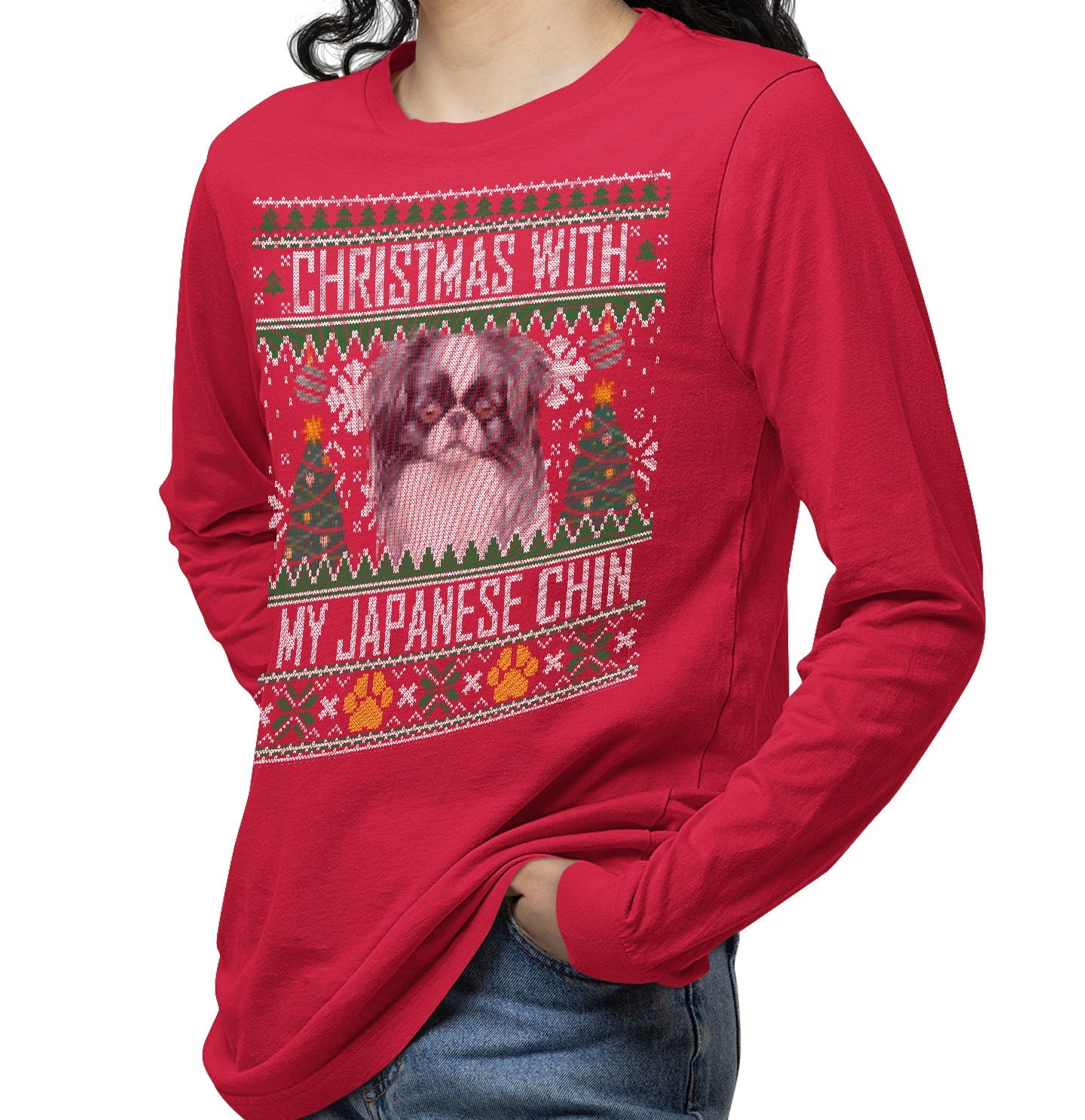 Ugly Sweater Christmas with My Japanese Chin - Adult Unisex Long Sleeve T-Shirt